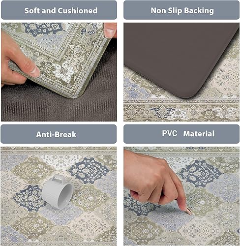 Miniatura 5 de Juego de 2 alfombras de cocina estilo bohemio, antifatiga de 0.4 pulgadas de grosor, estilo granja, vintage, bohemio, para cocina, antideslizantes,