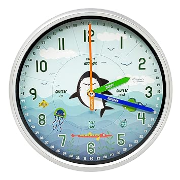 Educational Wall Clock - Silent Movement Time Teaching Clock for Teacher's Classrooms and Kid's Bedrooms (Shark)