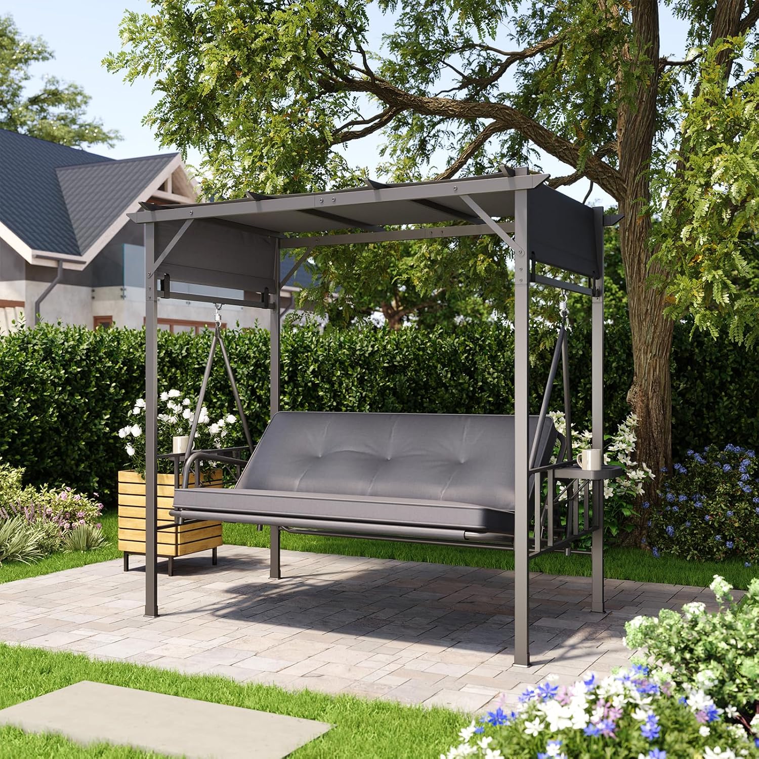 AECOJOY 2-in-1 Convertible Porch Swing Bed 3 Seat, Outdoor Patio Metal Pergola Swing Bench with Hanging Cloud Hammock Chair, Garden Swinging Glider Arbour with Cup Holders (Grey)