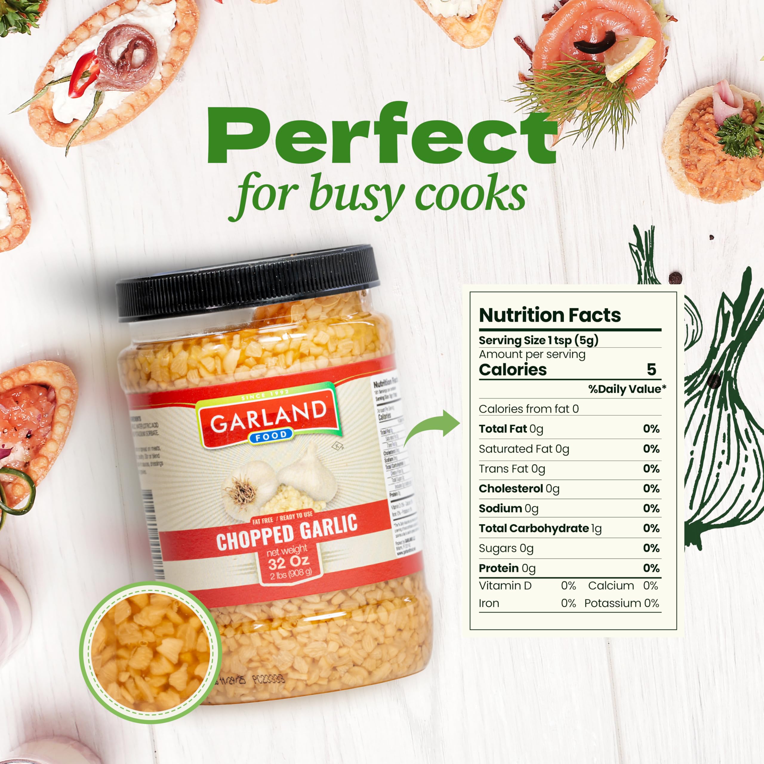 Garland Food Chopped Garlic in Jar - Convenient Garlic Chopped in Water for Cooking, Time-Saving Prep & Seasoned Dishes - Made in the USA (32 oz)