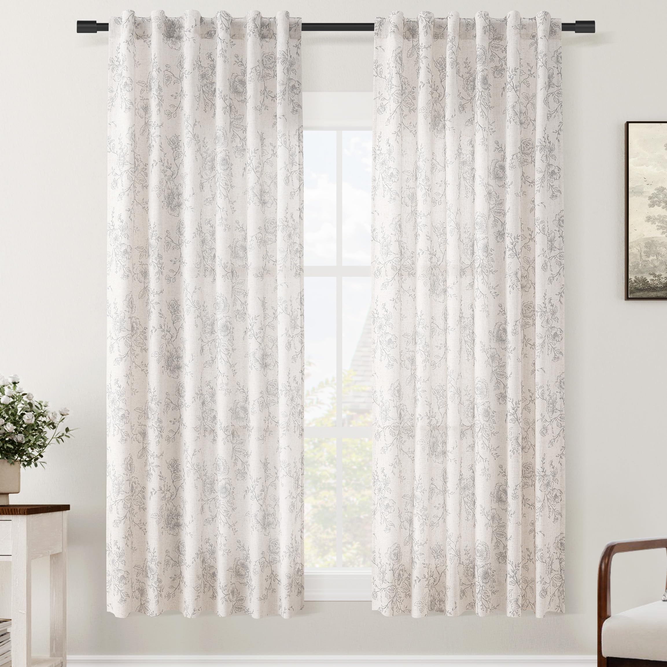 Vintage Floral Curtains 63 inch Length 2 Panels Set for Living Room Grey and Cream Printed Curtains Back Tab Neutral Farmhouse Bedroom Curtains Cottage Style Pretty Flower Patterned Linen Drapes