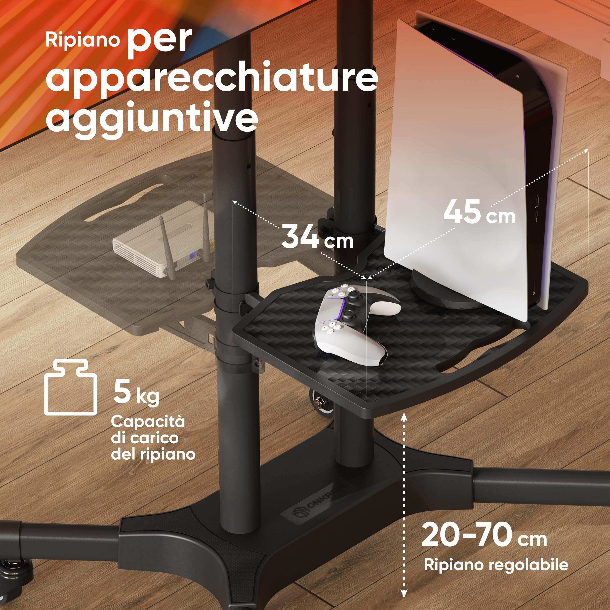 ONKRON Supporto TV da Pavimento 32" - 65", Carico max 50 kg, Porta televisore mobile VESA 100x100-600x400, Carrello TV con Ruote e Ripiano, Piedistallo da Terra, Altezza regolabile, Nero, TS1351-B