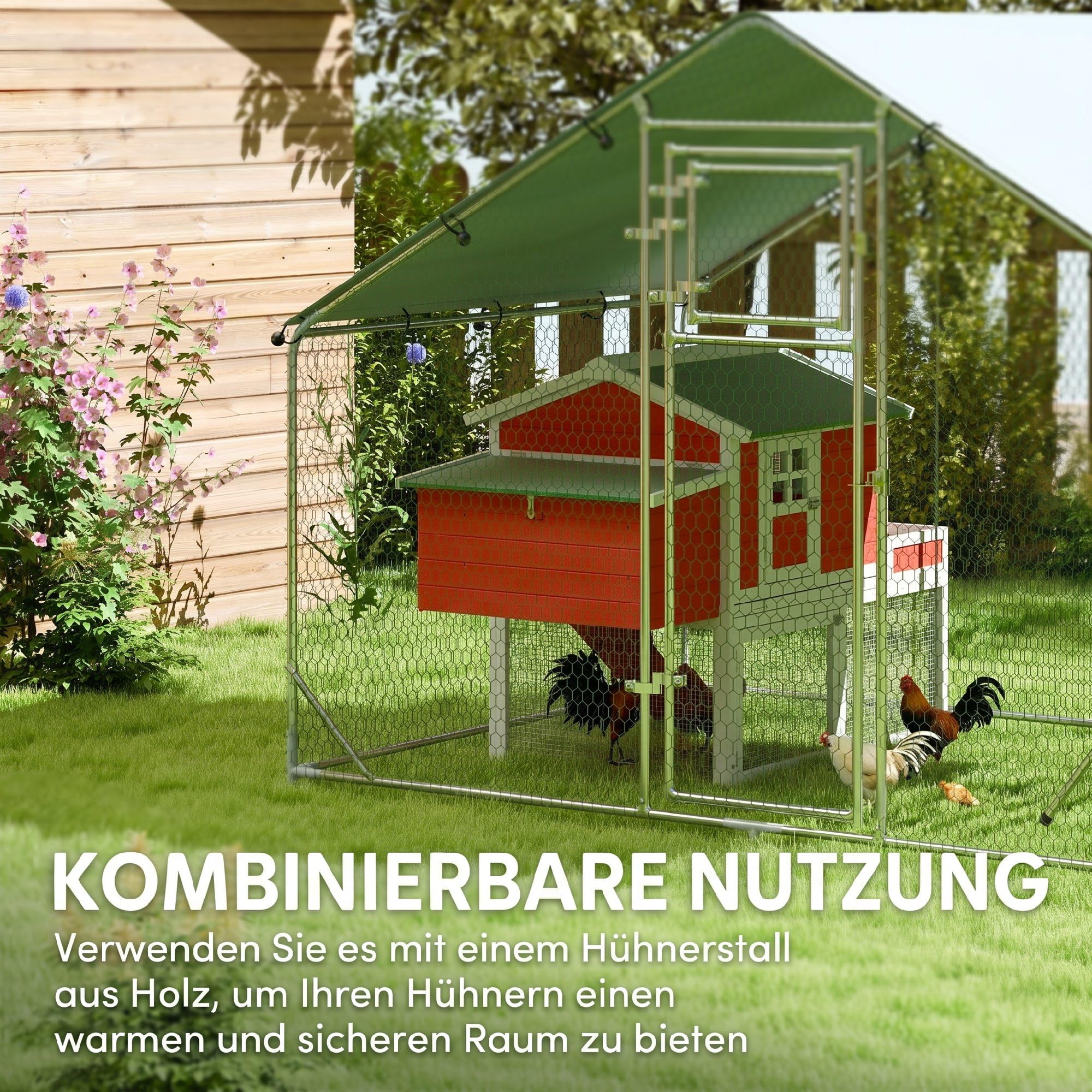 PawHut Hühnerstall 3x2x2 m Freilaufgehege Hühnergehege 6-8 Hühner Silber | Freigehege aus Verzinktem Stahl, UV-beständiger Dachabdeckung, Futtertür, Hängefütterung, Sitzstange, Kleintiere