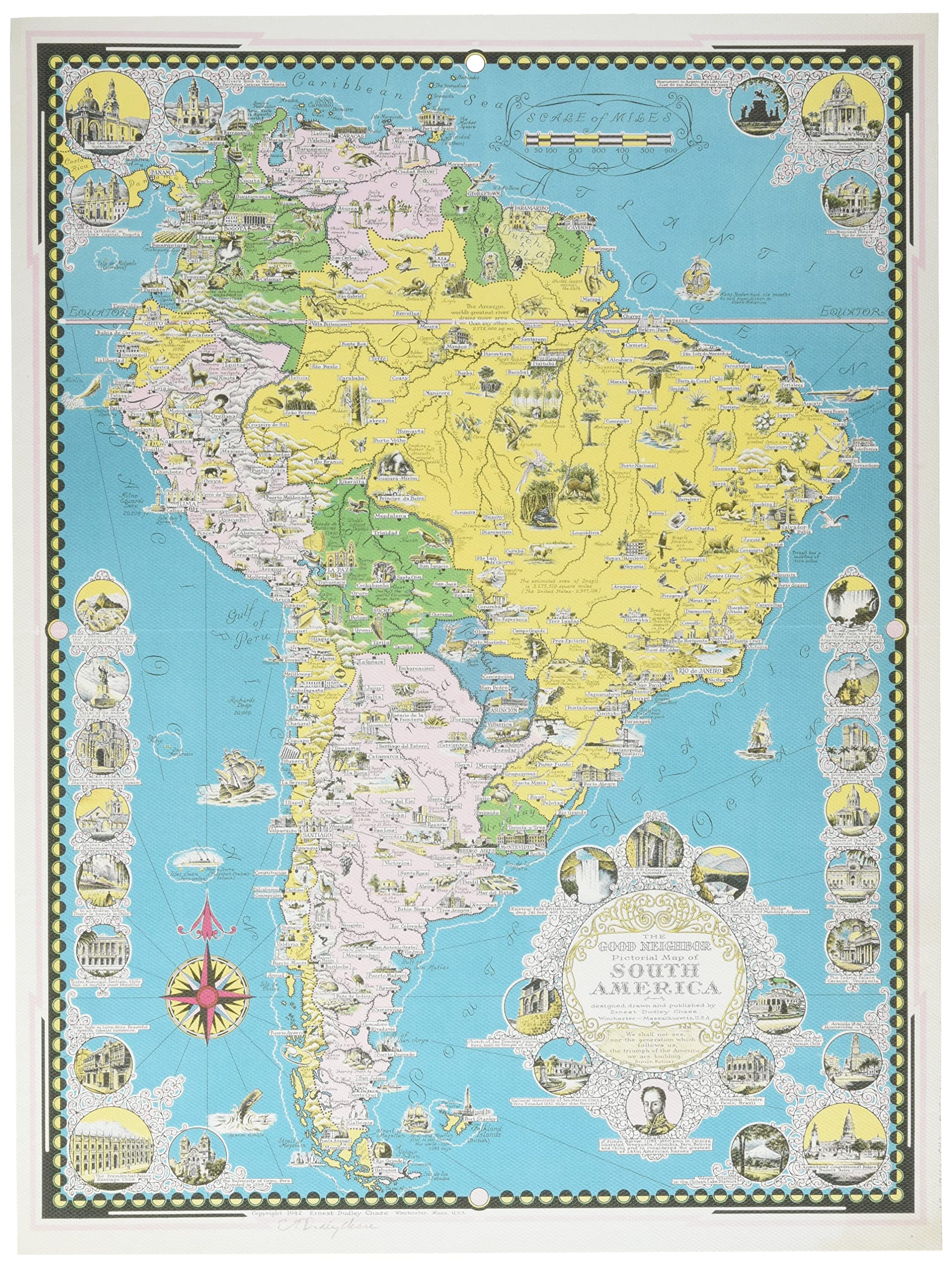 Chase 1942 Pictorial Map South America Buildings Art Print Canvas Premium Wall Decor Poster Mural