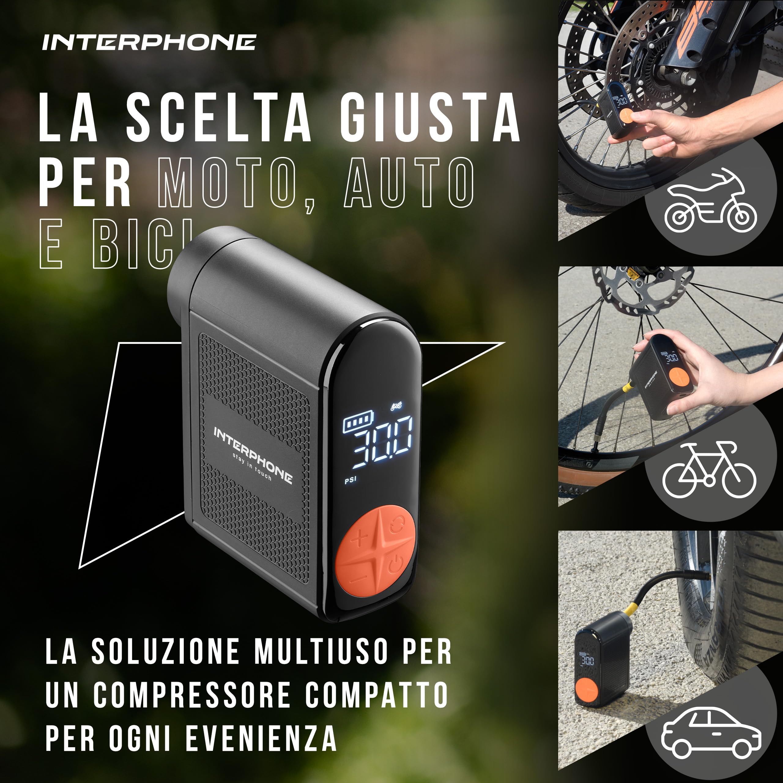 INTERPHONE Air Pump Mini Compressore Portatile, Compressore Aria Portatile e Ricaricabile Che gonfia gomme Auto, Moto e Bici, Gonfia Fino a 4 Pneumatici in 4 min a Gomma, Oltre 6 Mesi di Stand-by