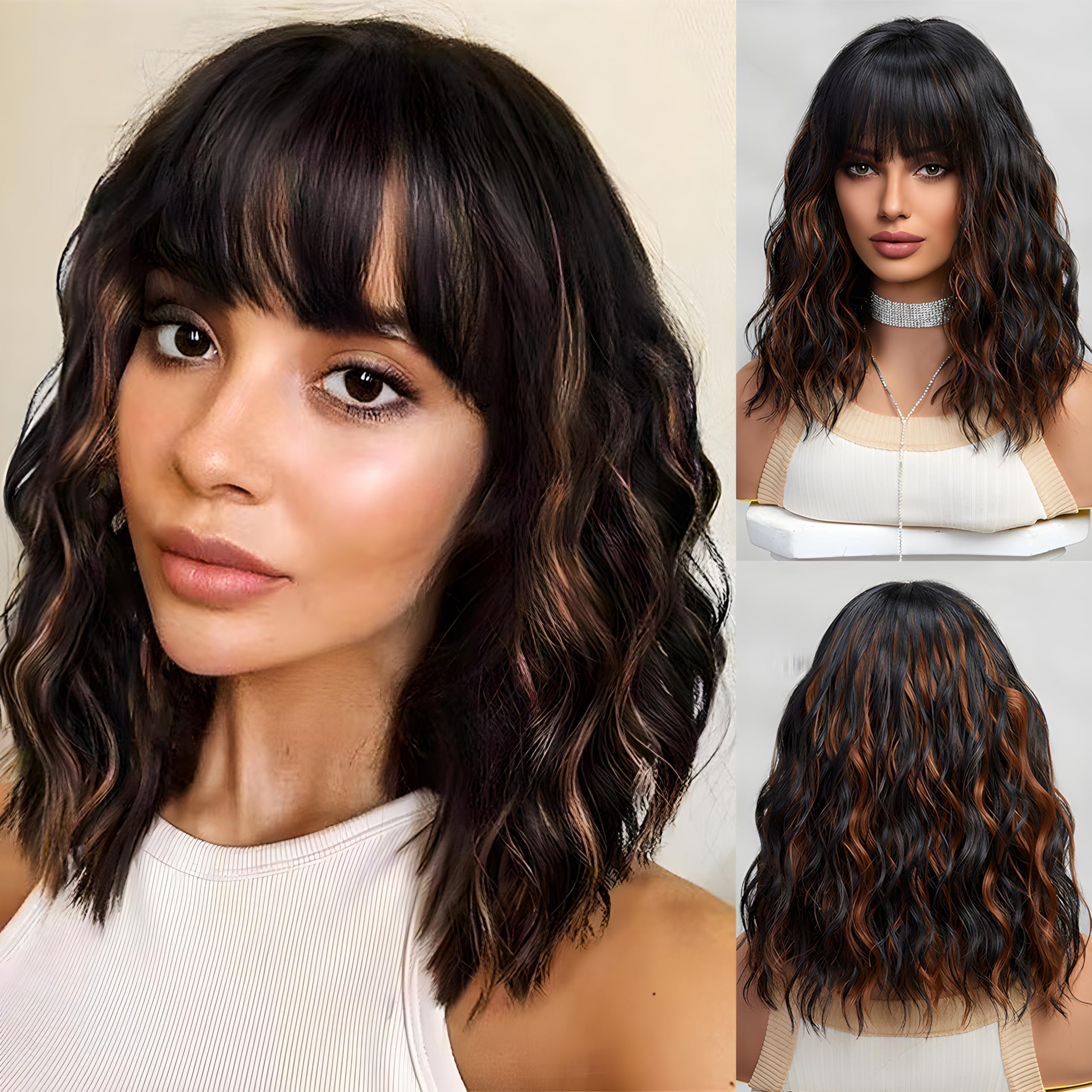Haoland Black Wig With Highlights,Shoulder Length Bob Curly Wavy Black Wigs With Bangs for Women, Charming Heat-resistant Synthetic Hair Wigs for Date Daily Use