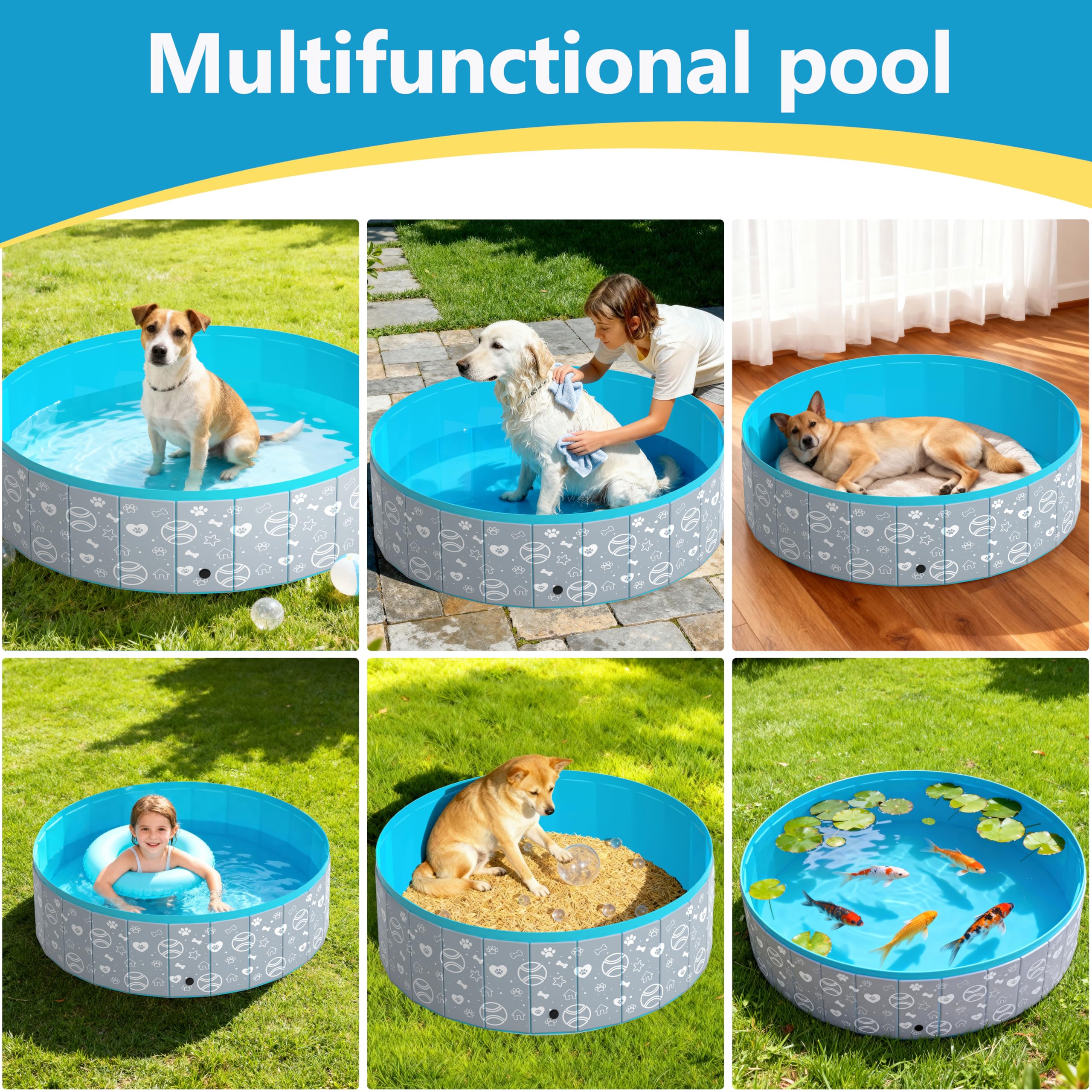 Hundepool für Große & Kleine Hunde, Verbessertes und Verstärktes PVC Pool mit Drainageadapter, Tragbares und Faltbar Planschbecken für Kinder, Sommer-Kühlbadewanne(160x30cm)