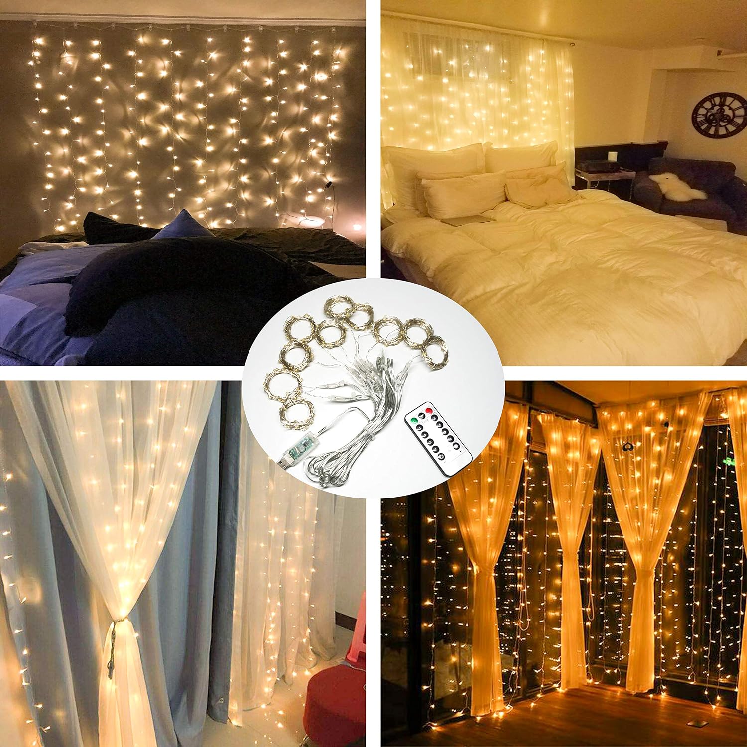 Window Curtain Lights, 8 Modes 300 LEDs USB Plug in Twinkle Fairy LED Copper Wire String Lights for Indoor Outdoor DIY Party Garden Home Festival Holiday Decorations, Warm White …