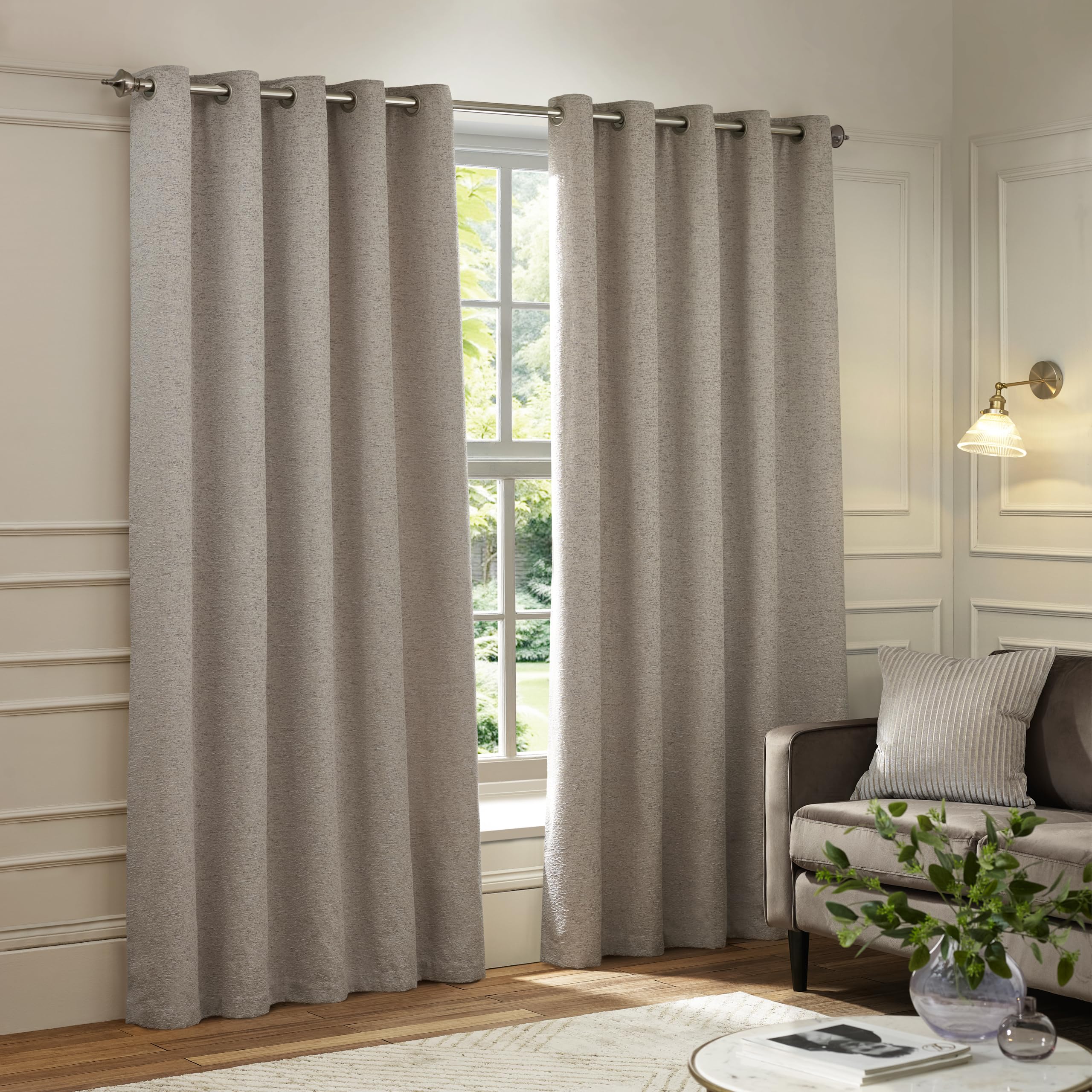 Paoletti Galaxy Eyelet Curtain Pair – Lined Room Darkening Luxury Opulent Chenille Curtains (Silver - 117x137cm)