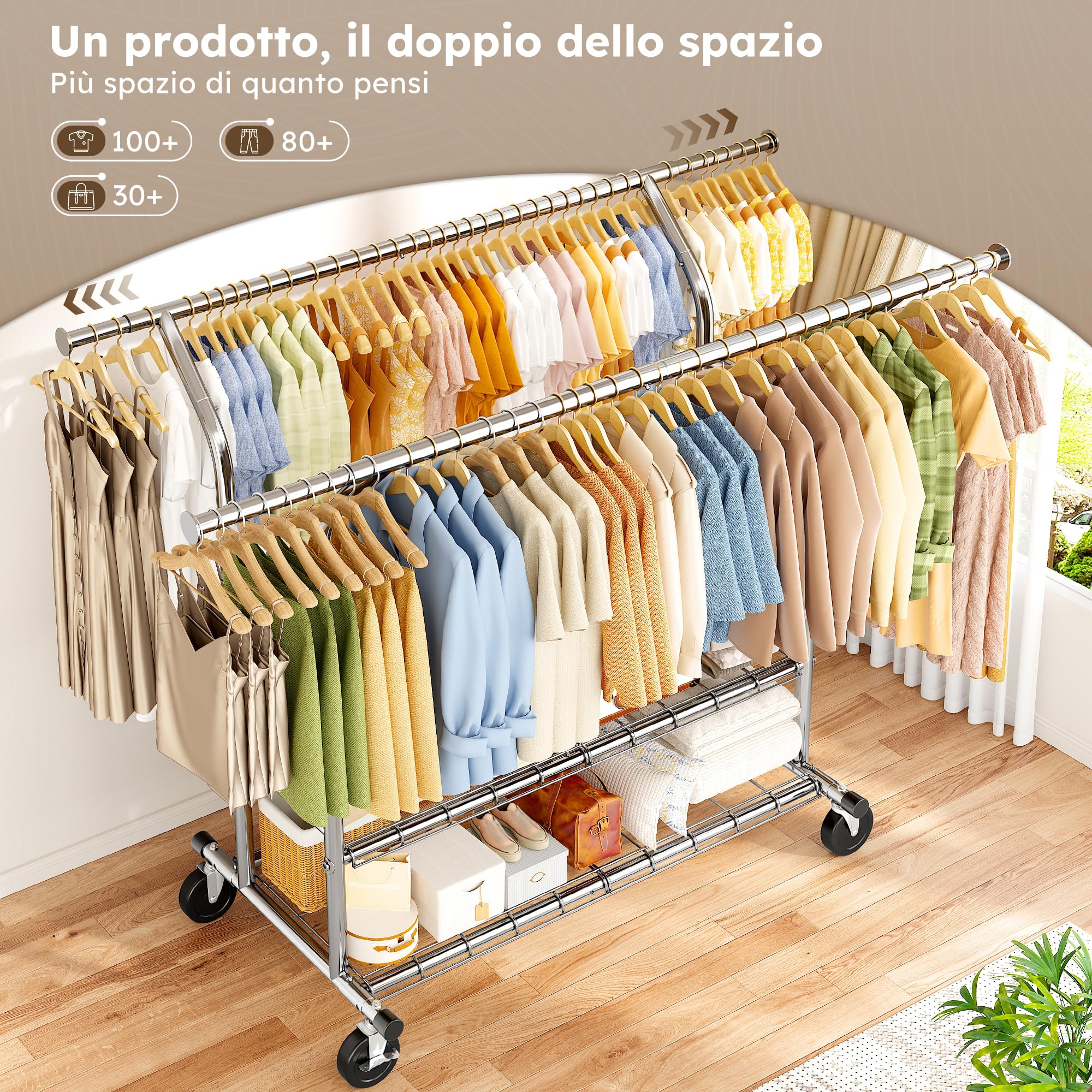 Burro Ropa Sólido con Ruedas, Perchero Burro Ropa Extensible com Cargas Pesadas, Capacidade de Carga Máxima. 200kg, Roupa con Ruedas Para Almacenamiento, Entrada, Quarto ou Vestiário, Prata