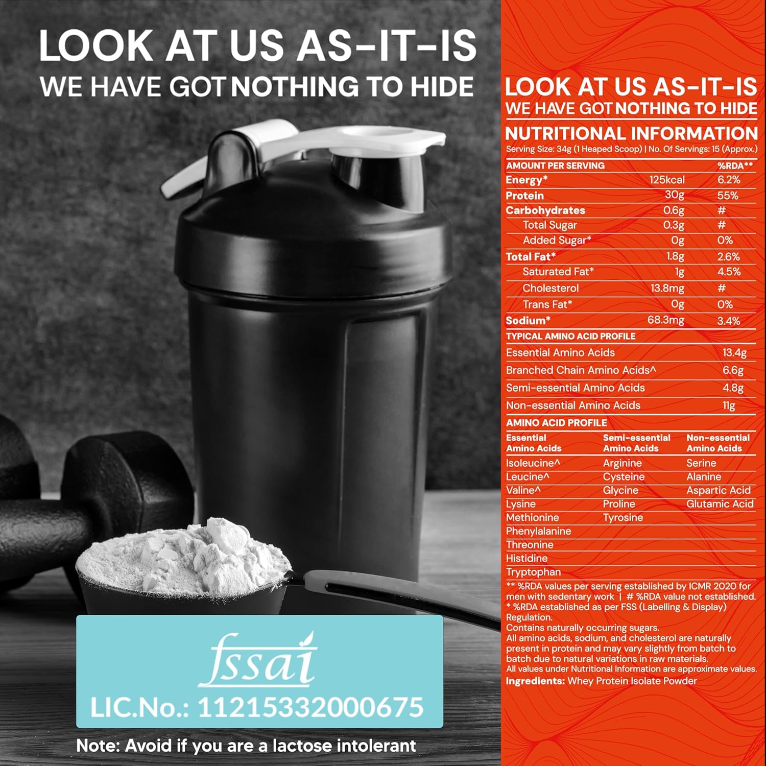 AS-IT-IS Nutrition Whey Protein Isolate 90% - 500 Gms/17.6 Oz | Protein 27g & Bcaa 5.9g Per Serving Unflavoured Cross-flow Microfiltered Natural Zero Fat, Zero Sugar