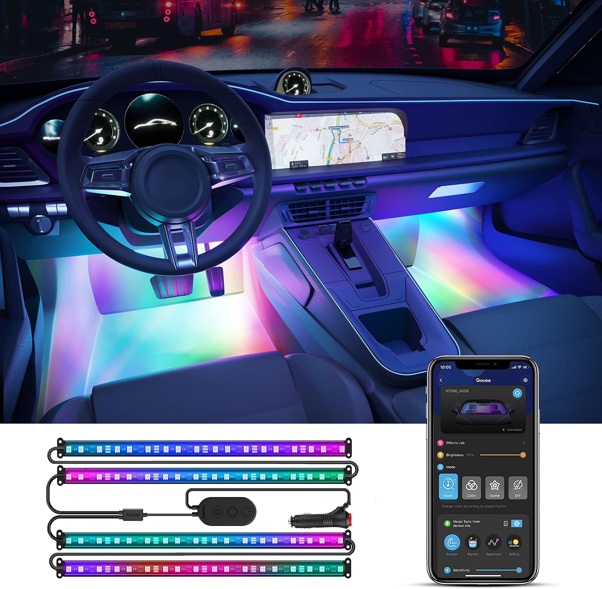 Govee Car LED Strip Lights, Smart RGBIC Interior Car Lights with APP Control, 4 Music Modes and 16 Million Colors, 2 Lines Design LED Lights for Car Decor, DC 12V