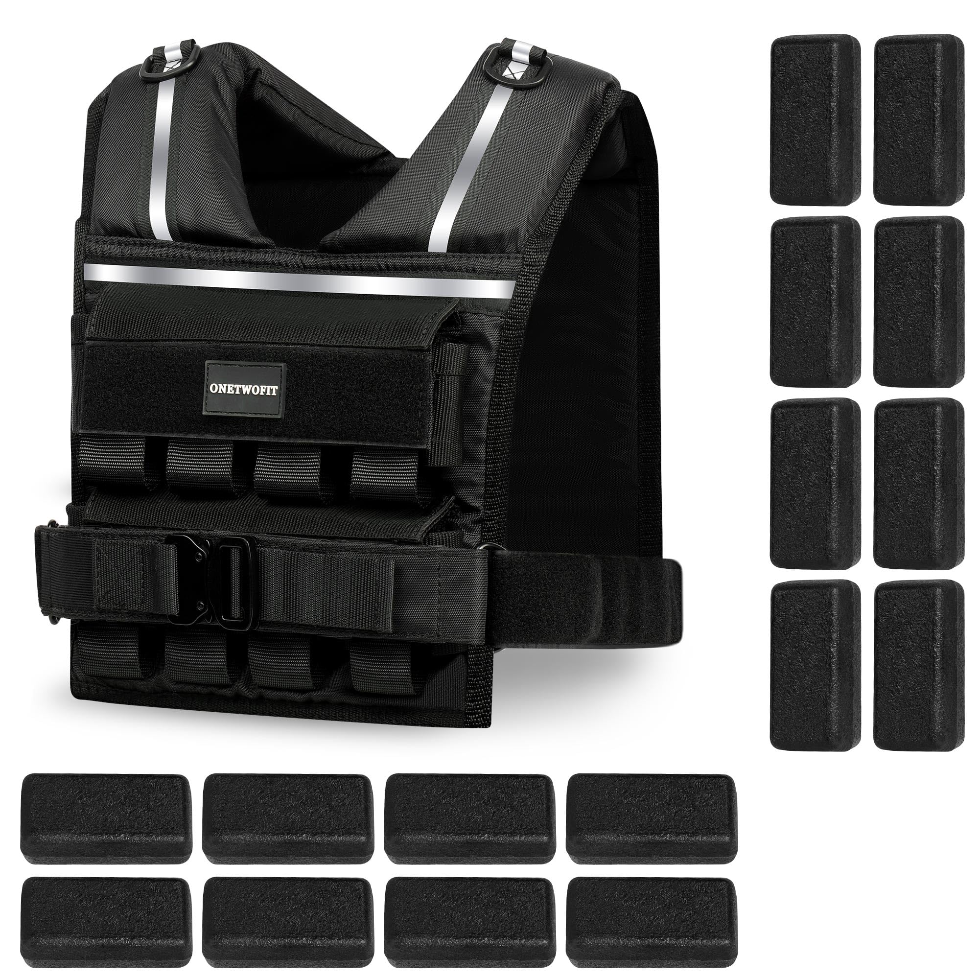 ONETWOFIT Verstellbare Gewichtsweste für Herren 20KG, Rucking-Westen mit abnehmbaren Eisengewichten, 1,2" extra dicke Schulterpolster, Krafttrainingsweste zum Laufen, reflektierende Streifen