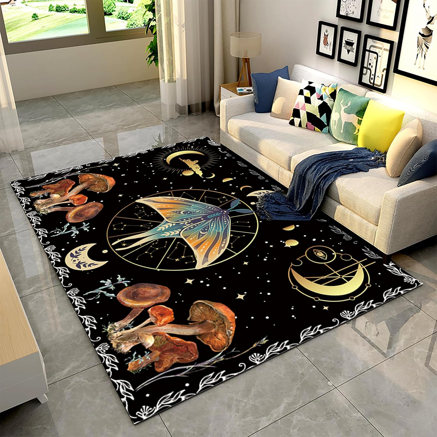 Boho Celestial Area Rugs for Bedroom, 4x6ft, Moth Mushroom Starry Sky Floor Mats, Non-Shedding Absorbent Durable Carpet, Dirty Resistant Breathable Easy Clean Rugs for Hallway Bedside