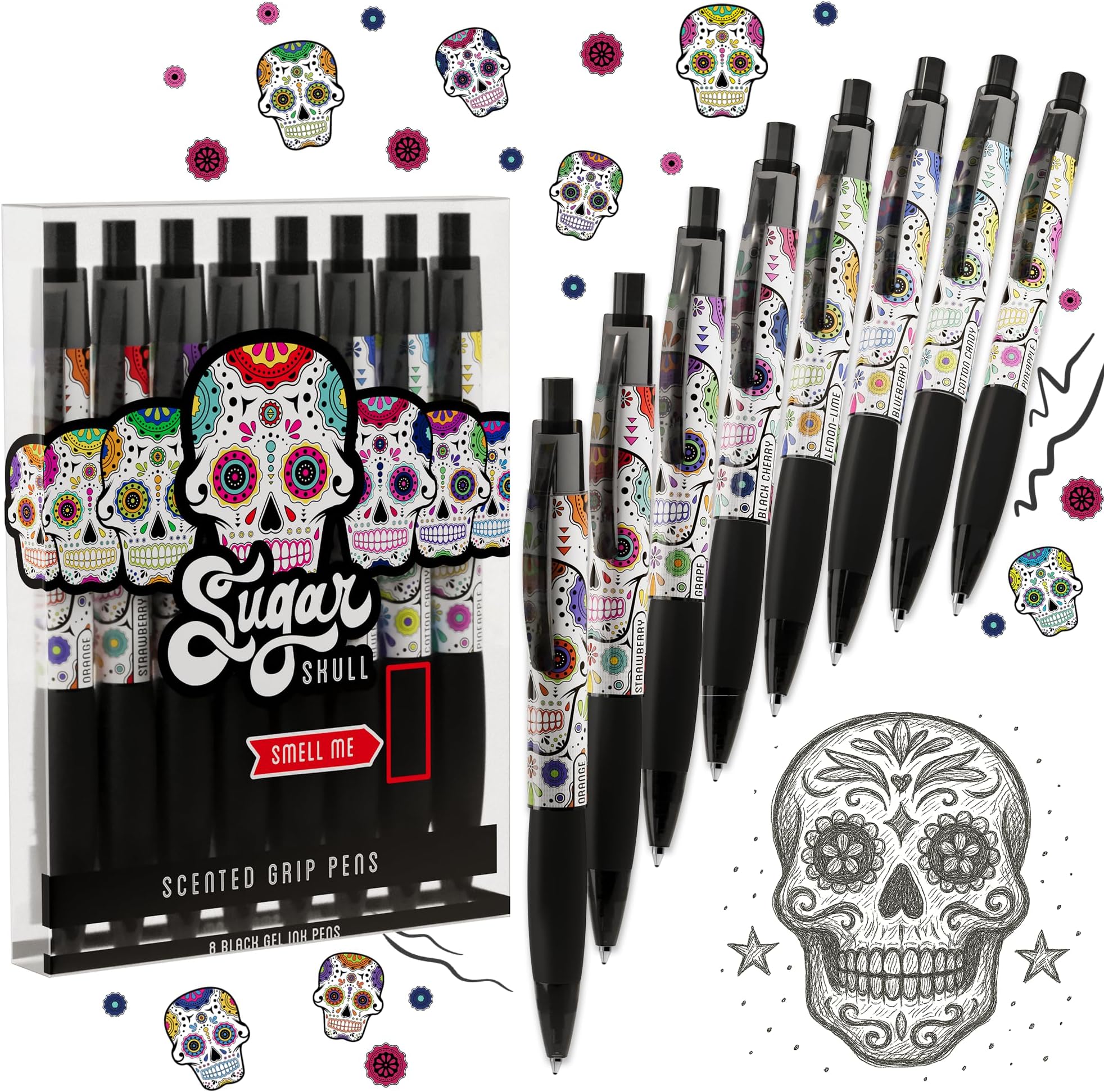 Sugar Skull Smens - Patented Gourmet Scented Pens, Black Ink, Medium Point - 8 Count