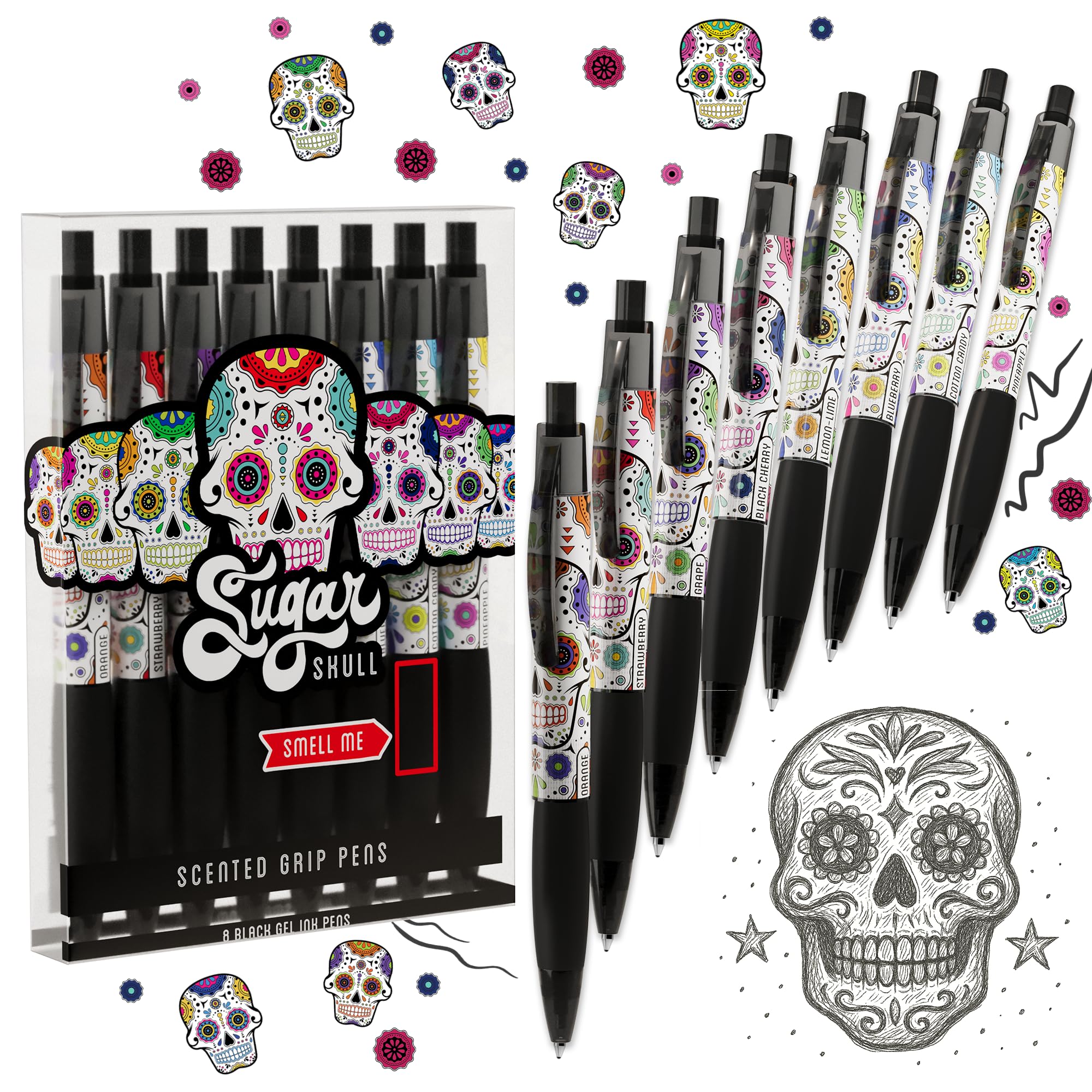 Sponsored Ad - Sugar Skull Smens - Patented Gourmet Scented Pens, Black Ink, Medium Point - 8 Count