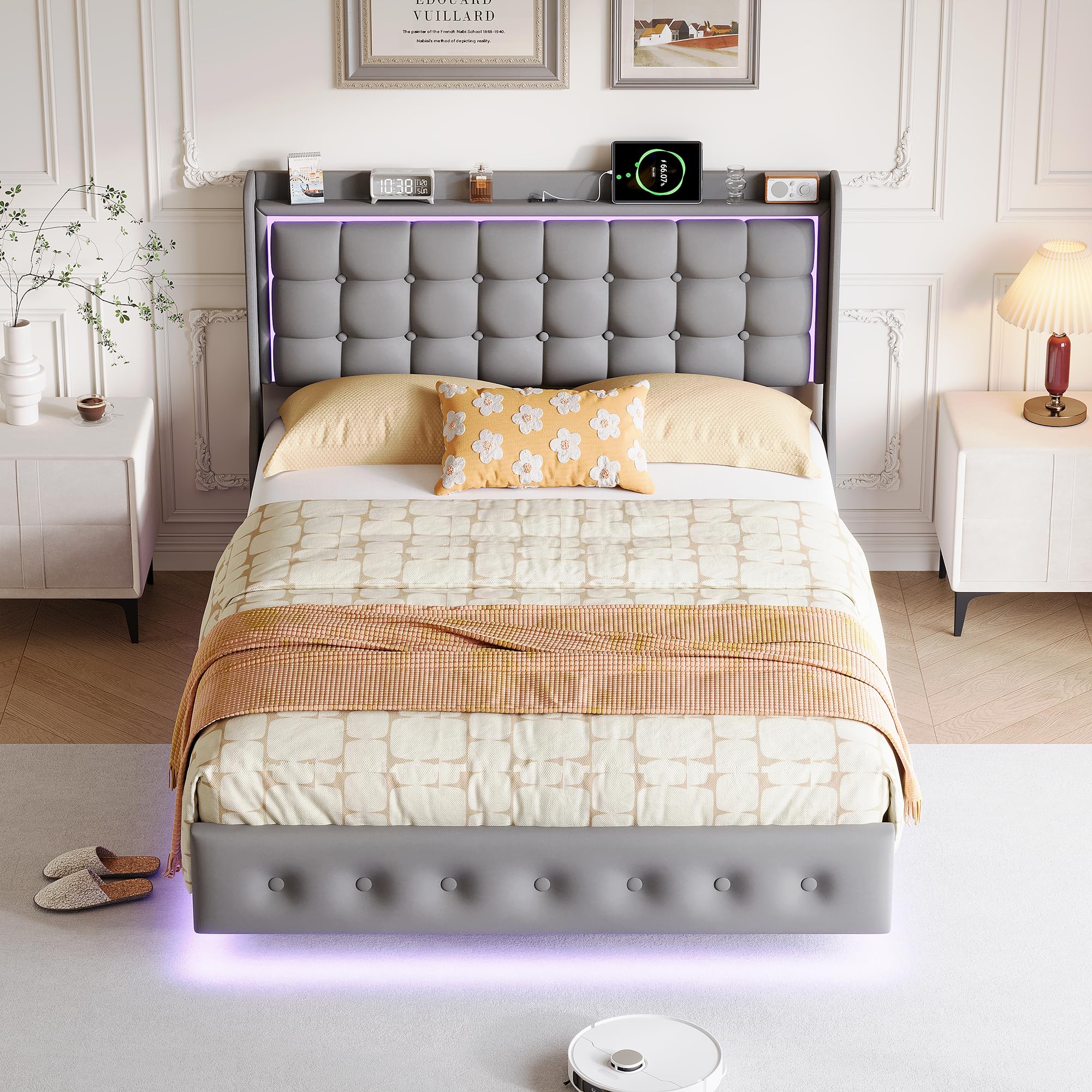 Letto 160 x 200 con rete, telaio letto multifunzionale, testiera imbottita con stoccaggio, struttura stabile, effetto galleggiante, velluto, grigio scuro (grigio scuro D, 160 x 200 cm)