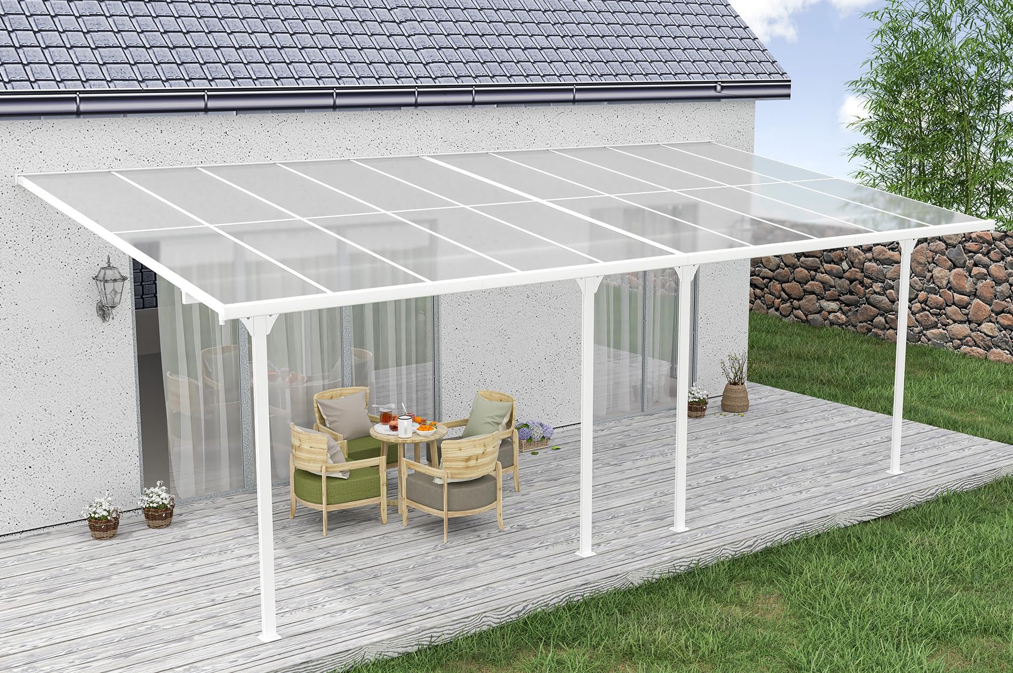 Cazeboo Carport Abri Voiture Toit Terrasse KLEO – 18 m² 6x3 m Aluminium Blanc Polycarbonate Anti-UV – Pergola adossée Robuste Anti-Rouille – Protection Pluie Neige Soleil – 626 x 300 cm