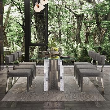 Modern Glass Dining Table Set, 7 Piece Dining Room Table Set for 6, 78" Silver Dining Table Set with Polished Stainless Steel Base & Boucle Chairs