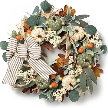 Valery Madelyn 20 Fall Wreaths for Front Door with LED Lights | Farmhouse Autumn Wreath with White Pumpkins Bow for Home Porch Thanksgiving Harvest Table Centerpiece Decorations