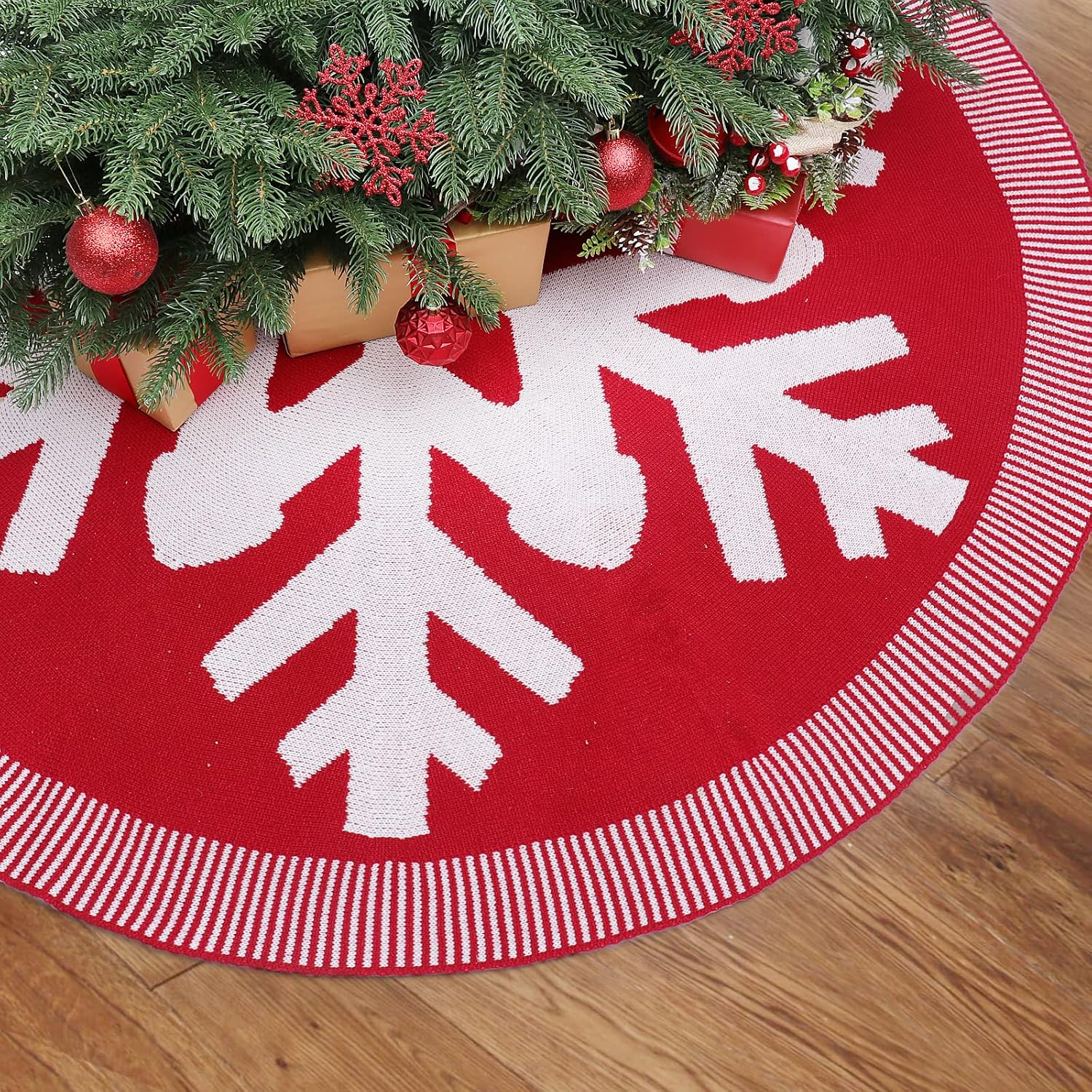 LEVKIDS Knitted Christmas Tree Skirt, 48 Inches Snowflake Large Tree Skirt with Pom Poms for Xmas Party Holiday Decorations, Red