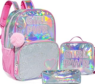 HTgroce Pink Girls Backpack with Lunch Box PWR Preschool Backpack School Bag with Lunch Box Sequin Girls Backpack Set for Elementary Preschool Bookbag Pink