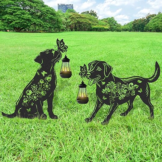 Solar Lights Garden Decor - 2 Pcs Metal Dog Statues Outdoor Decorative Yard Stakes with Lantern Waterproof Patio Lawn Pathway Ornaments Christmas Decorations Gifts for Women Animal Lover
