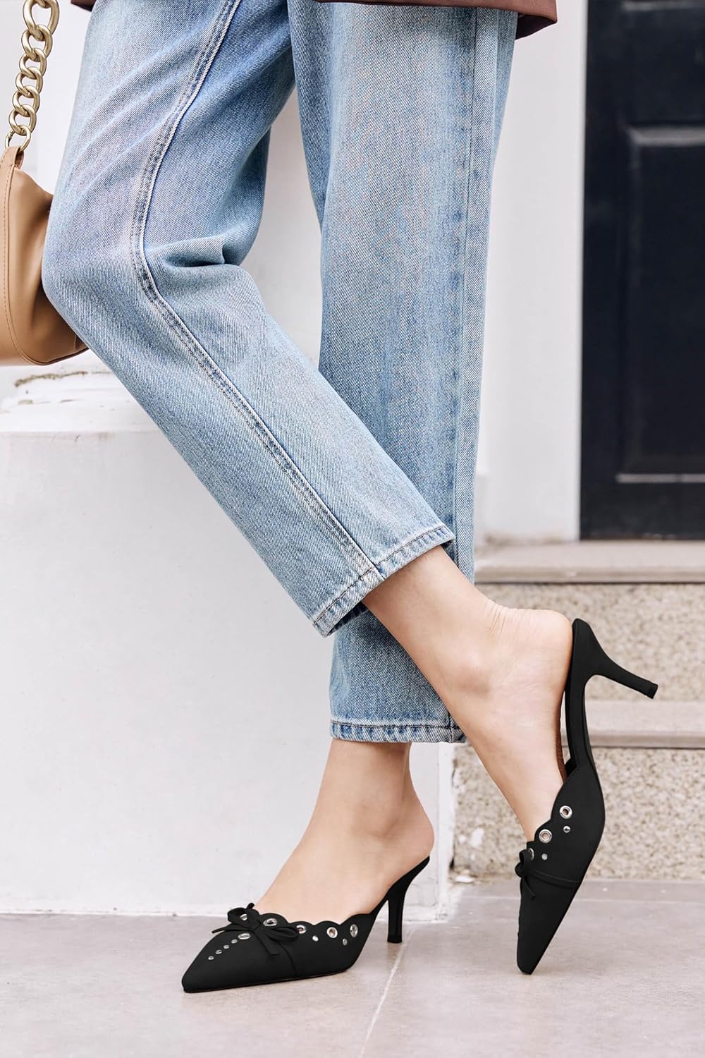 Coutgo Women's Bow Tie Mule Heels Pointed Toe Studded Backless Stilettos Slip On Dress Pump Shoes - Image 2