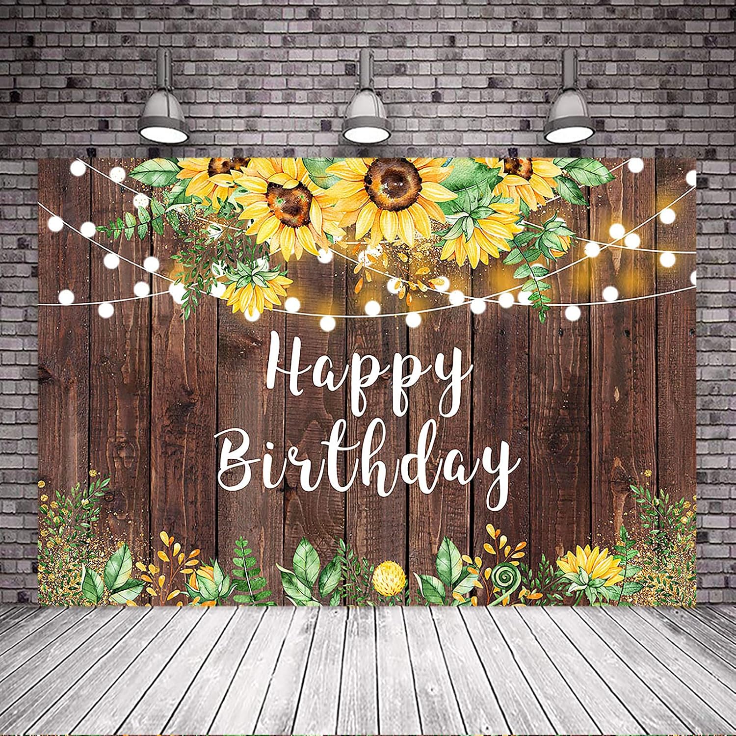 Avezano Sunflower Birthday Photography Backdrop Rustic String Lights Sunflower Birthday Party Background Greenery Leaves Happy Birthday Backdrops Decorations for Women Men (10x8)