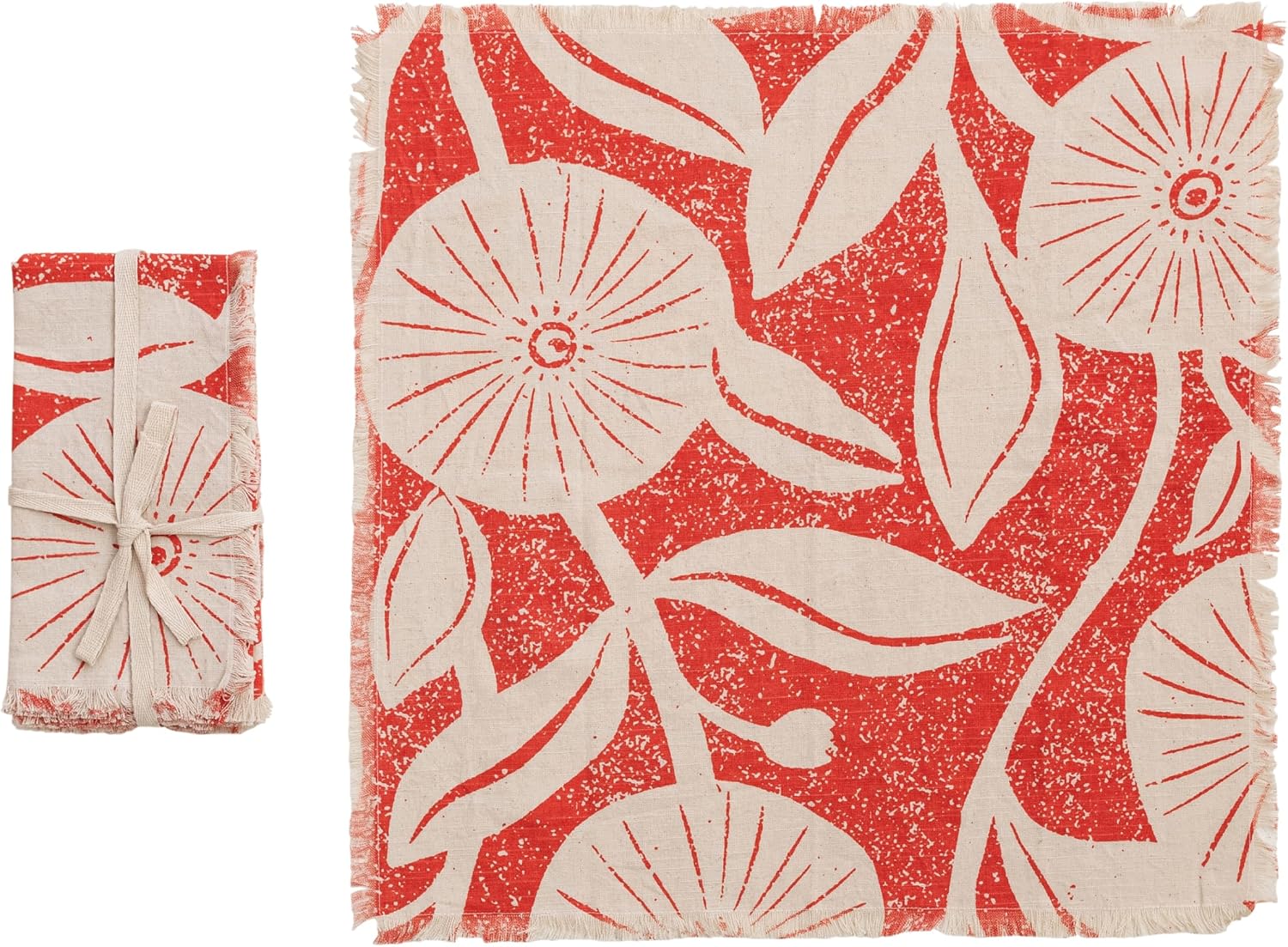 Creative Co-Op 4-Piece Cotton Printed Napkin Set with Floral Pattern & Fringe, Natural & Tomato Color