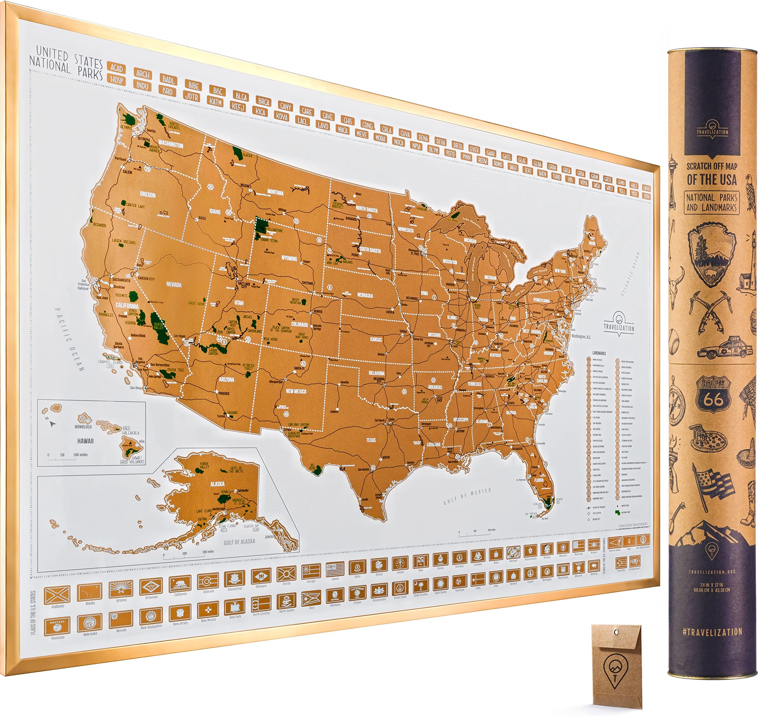 Travelization Scratch Off Map of United States 24" x 17" Frameable USA Scratch Map with National Parks, Highest Peaks and Vibrant Colors, Ideal for Travelers, White