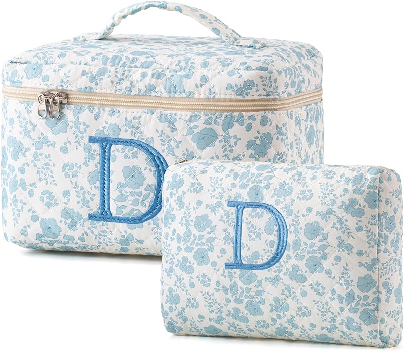 HBselect 2 Necessaires para maquiagem com estampa floral azul e design matelassê