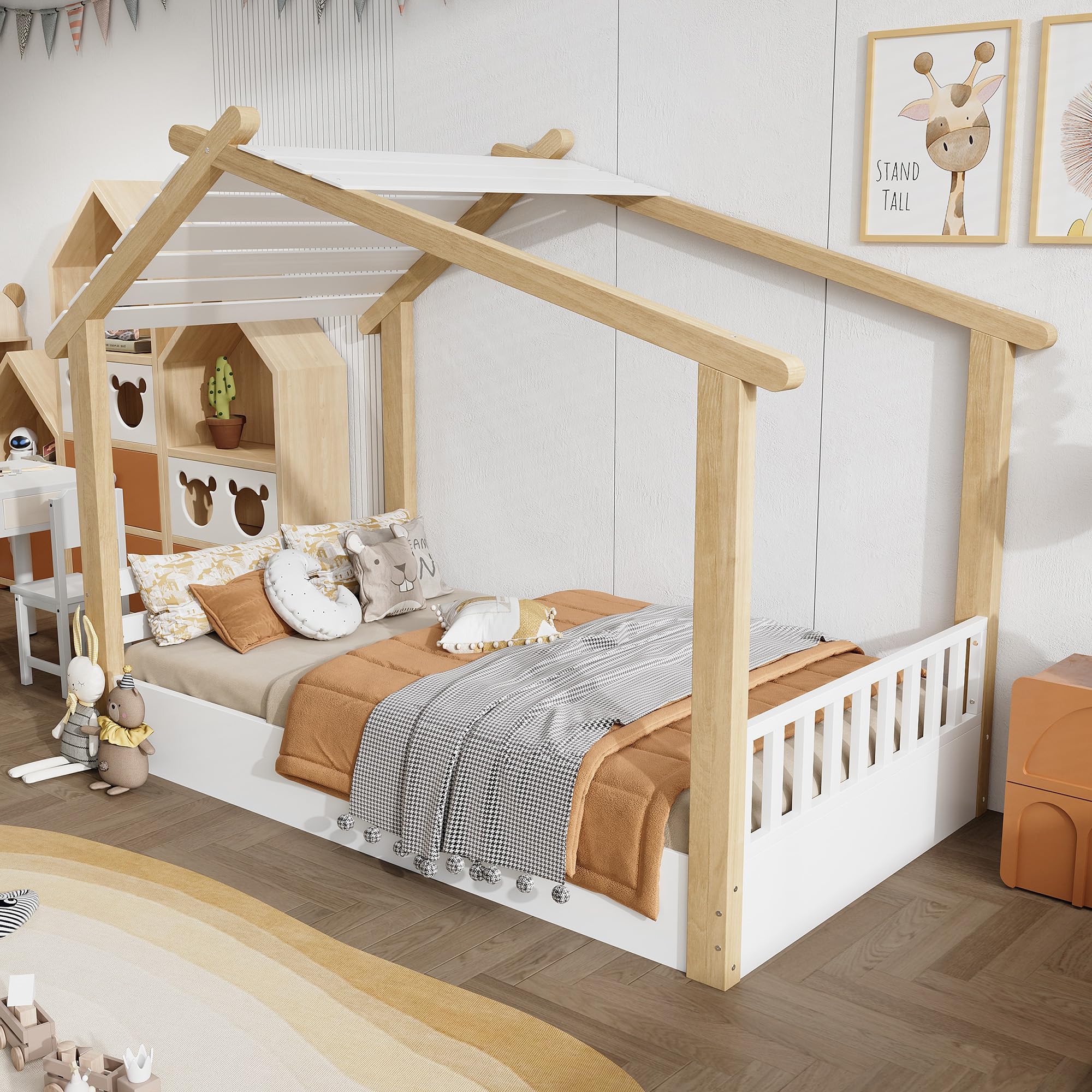 Cama Infantil 90x190 cm, Cama de Casa con Techo, Cama Nido para niños y niñas, Cama de Madera con Valla, Cama Familiar Individual con Protección Anticaídas y Somier, Blanco, Sin Colchón