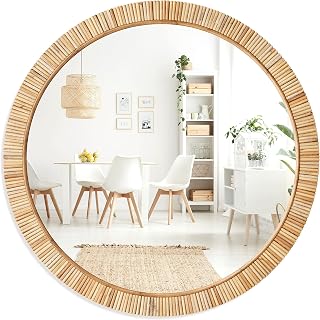 Barnyard Designs 25.5" Round Rattan Mirror - Handmade Rustic Farmhouse Boho Wicker Frame for Bathroom Vanity or Nursery Wall Decor
