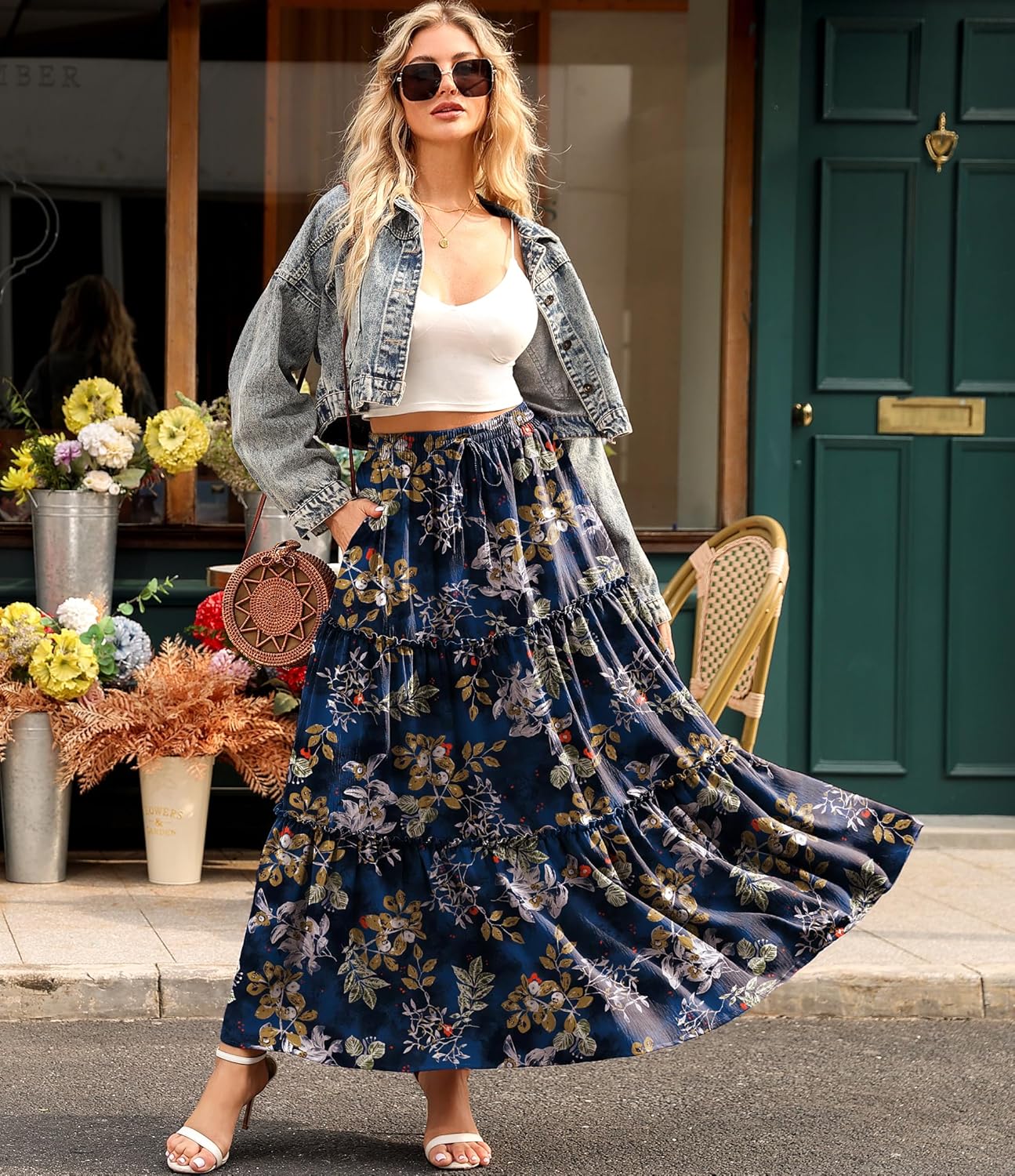 Arolina Women's Summer Maxi Skirt Trendy High Waist Pleated Ruffle Long Skirts Flowy Beach Boho Skirt Dress with Pockets