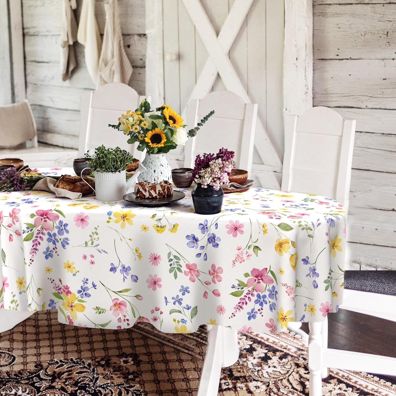 Oval Floral Tablecloth, 60 x 84Inch,Spring Summer Watercolor Wildflower Table Cloth, Waterproof and Wrinkle-Resistant,Suitable for Kitchen and Dining Room Decor