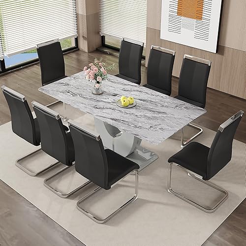 JUFU Juego de mesa de comedor moderno para 8, juego de mesa de comedor de mármol gris para 8, mesa de cocina y 8 sillas de comedor tapizadas de piel