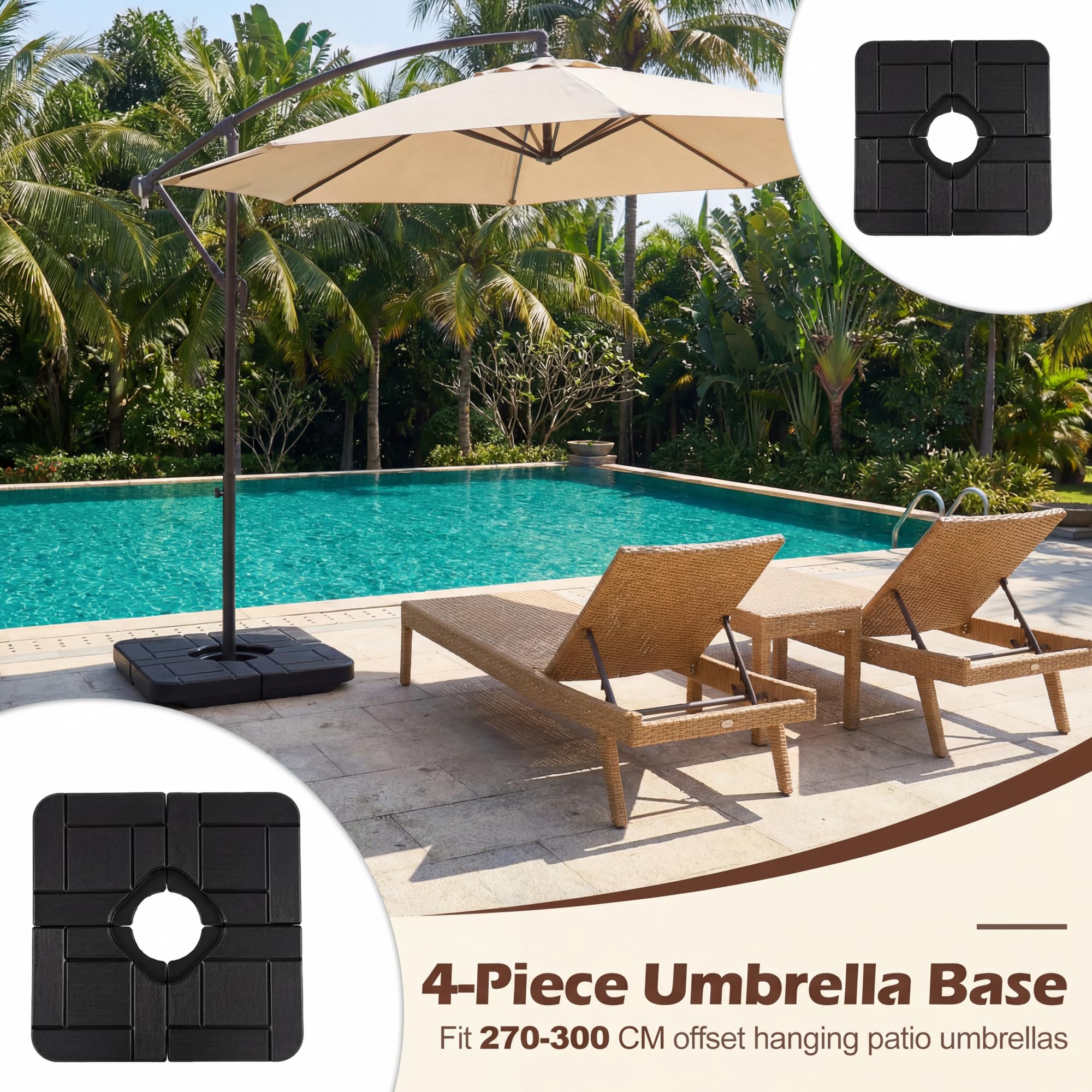 RELAX4LIFE Lot de 4 Dalle de Parasol Excentré à Remplir 84 KG en HDPE, Noir | Base Carrée Lestables pour Parasol Déporté 2-3M, Remplissage d'eau 48L/ Sable 68KG avec Poignée pour Jardin Cour