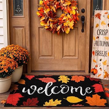Tinideya Fall Welcome Door Mat Outdoor Autumn Maple Leaves Doormats 17 x 29 Inch Black Orange Imitation Coir Entryway Rugs Harvest Thanksgiving Mat for Front Door Porch Floor Entrance Home Decoration
