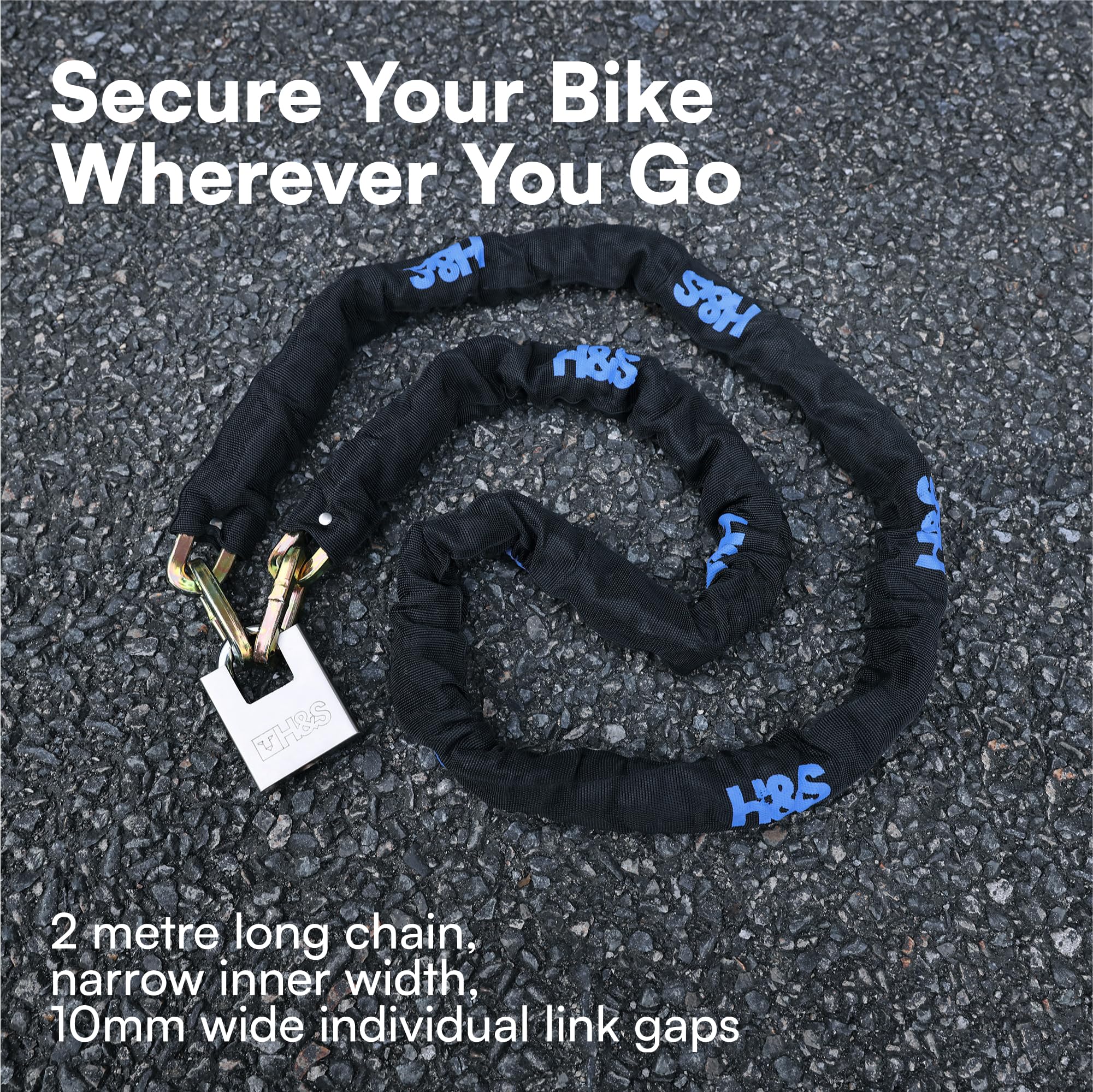 H&S H&S Heavy Duty Motorbike Lock with Padlock | 10mm x 2m | Motorcycle Lock with Security Chain | 2m Bike Locks High Security | Strong Chain & Padlock | Moped Cycle locks (10mm Dia x 2000mm Length) in use