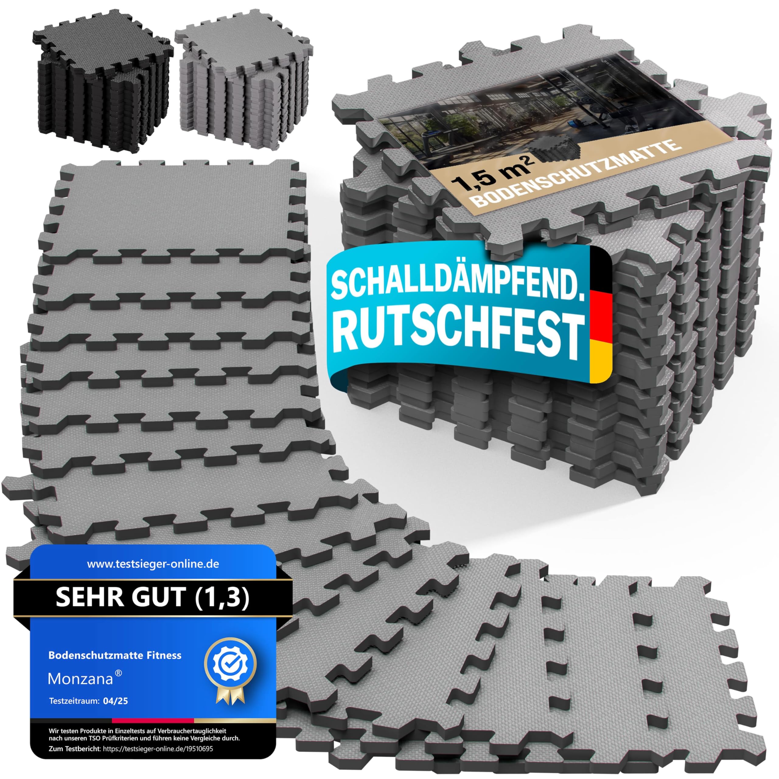 MONZANA® 18x Bodenschutzmatten Fitness & Pool mit Randstücken 30 x 30 cm 1,5 qm rutschfest Eva-Schaumstoff Puzzlematte Trainingsmatten Fitnessgeräte