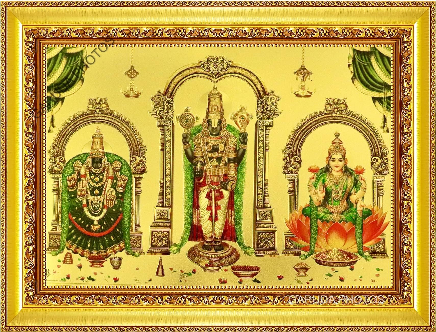 Garuda photos - GOLD FOIL Lord God Tirupati Balaji with Padmavati Laskshmi Photo Frame Tripathi Thirupathi Perumal Thayar Sri Venkateshwara Venkateswara Swamy Laxmi Padmavathi (Small (9x7 Inch))