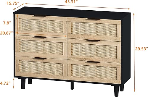 Miniatura 2 de Cómoda de 6 cajones, cómoda de ratán de 43 pulgadas, mueble organizador de armario de almacenamiento doble de mediados de siglo con cajones de ratán