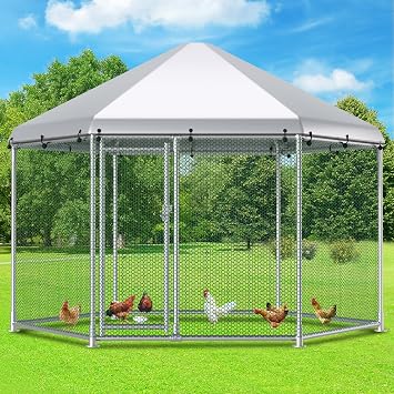 Large Metal Chicken Coop Run, 13 ft Hexagon x 8.6 ft H Chicken Runs for Yard with Cover, Outdoor Walk-in Chicken Pen for 1220 Hens, Anti-Rust Poultry Cage with Stable Wind-Resistant Design