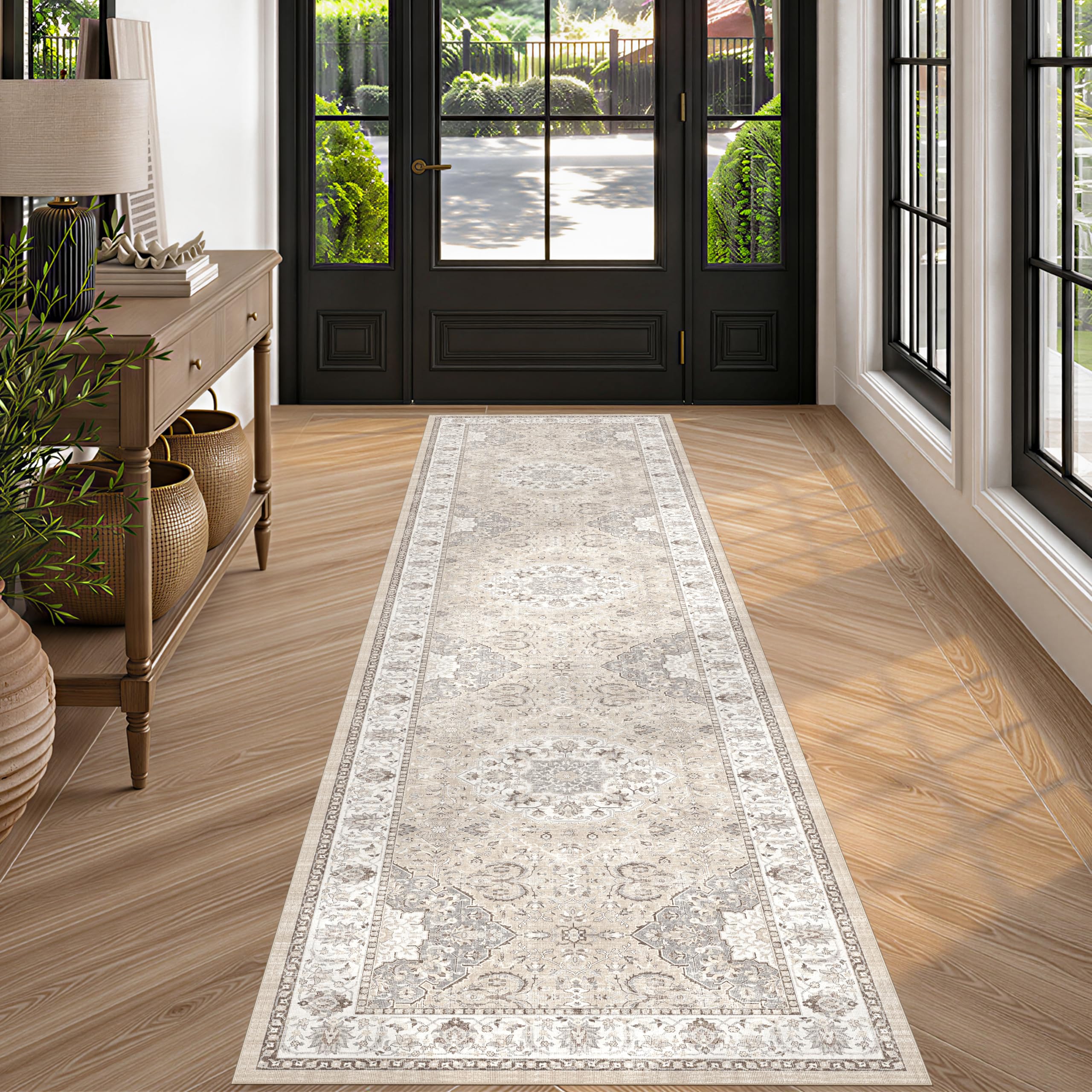HY HAOYUNLAI Washable Hallway Runner Rug 2.6x10 Non Slip Kitchen Slim Rug | 2'6x10 Neutral Entryway Rug Vintage Soft Floor Mat Indoor Farmhouse Carpet Bathroom Living Room Bedroom Hard Floor Beige