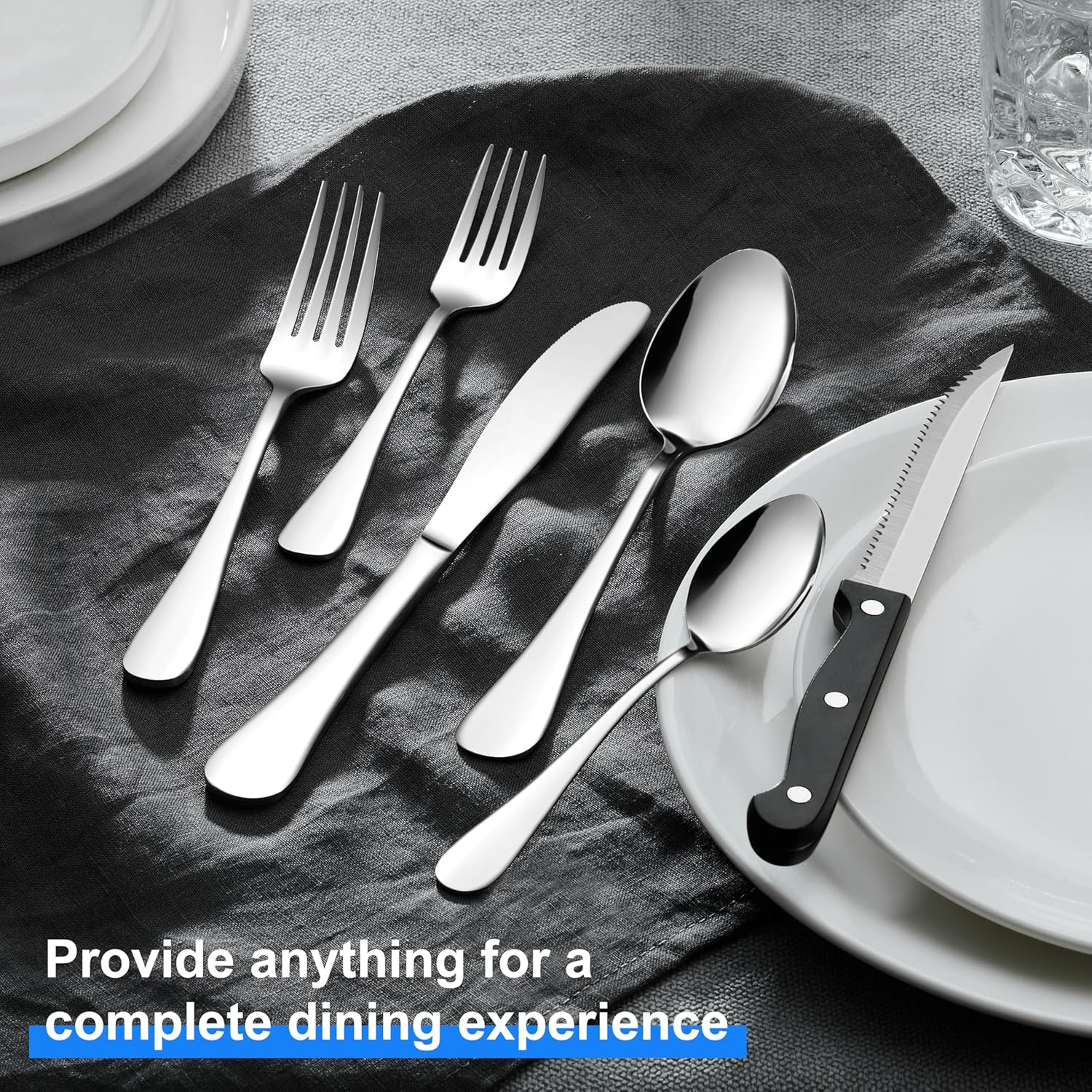E-far Silverware Set with Organizer, 49-Piece Stainless Steel Flatware Cutlery Set for 8 with Steak Knives, Kitchen Metal Eating Utensils Sets Include Forks Spoons Knife, Mirror Polished & Rust Proof