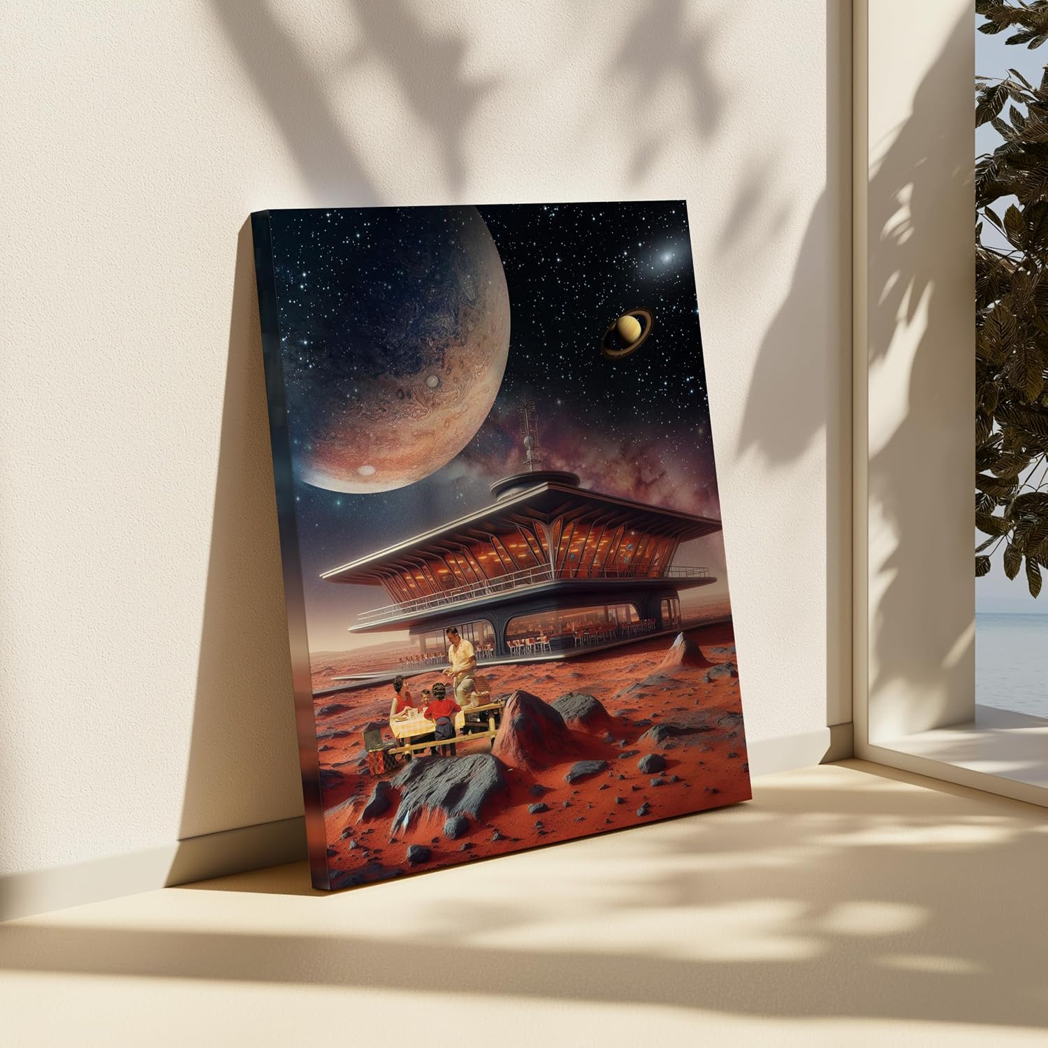 Poster Master Space Restaurant Canvas - Futuristic Print - Moon & Galaxy Art - Modern Surreal Design - Family Art - Aesthetic Kitchen or Dining Room Wall Decor - 8x10 STRETCHED Canvas