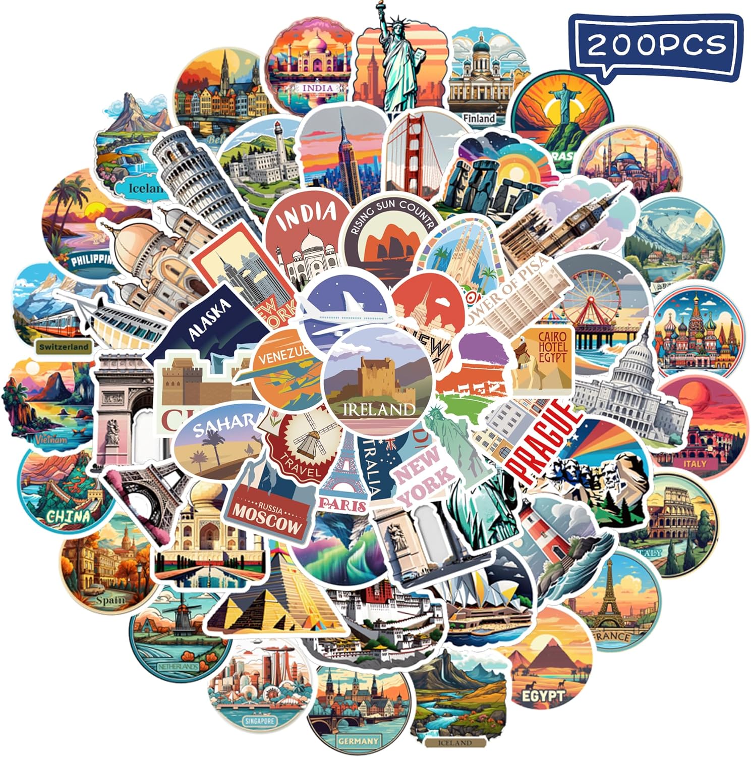 200 PCS World Travel Stickers for Luggage Suitcases, Vinyl Country Travel Map Sticker for Scrapbooking Water Bottle Laptop Car-A03