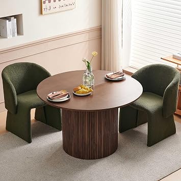 Homedot Dining Table Set for 2, 47" Circle Kitchen Table and Green Upholstered Barrel Dining Room Chairs, Classic Dinette Set, Engineered Wood Two-Part Tabletop with Walnut Finish