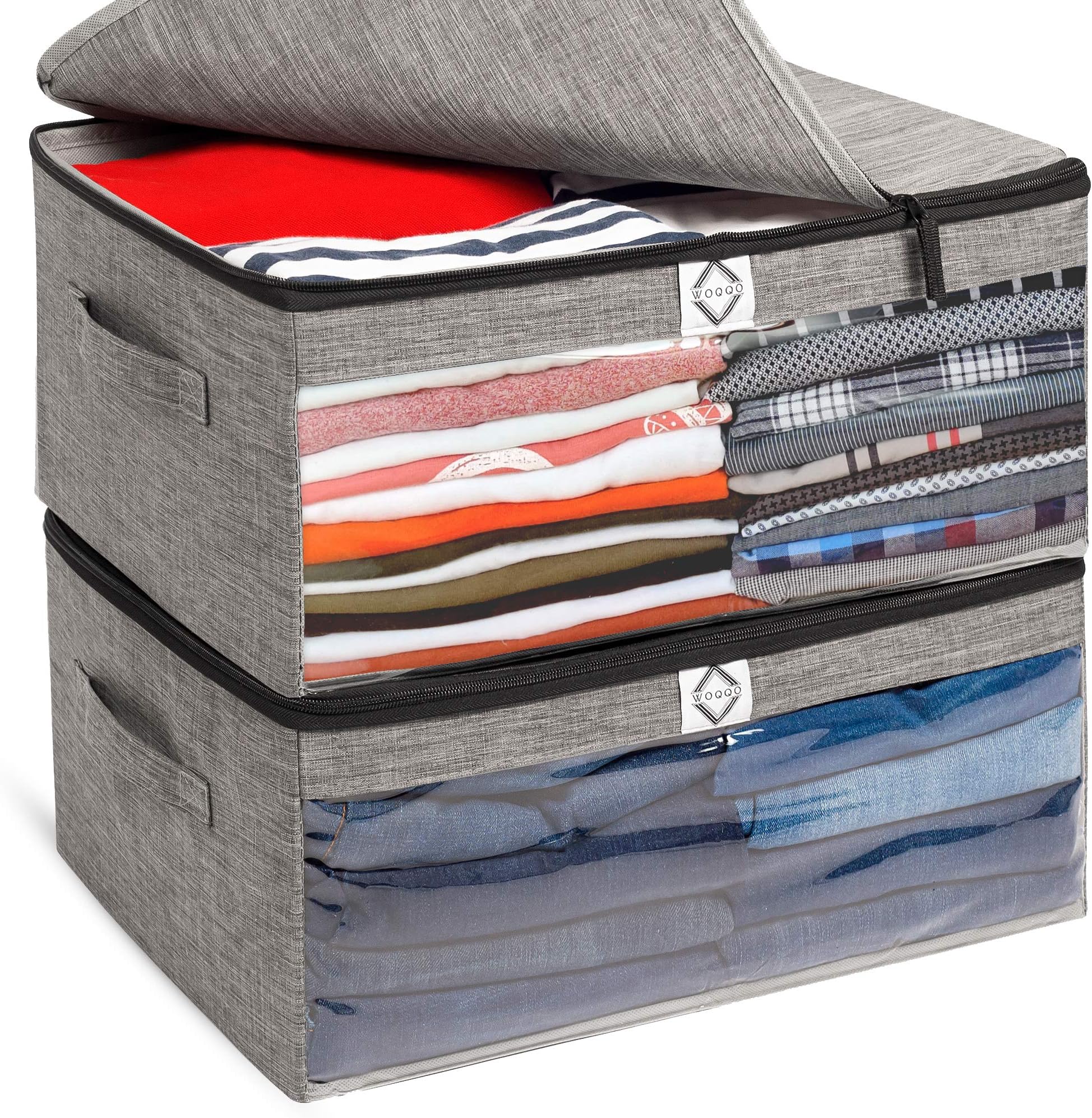 Clothes Storage Bins with Clear Window and Soft Lids. Sturdy Foldable Clothing Containers. Clothes Organizer for Closet Sweaters Blankets Linen. Cloth Storage Bags Set of 2 (Grey)